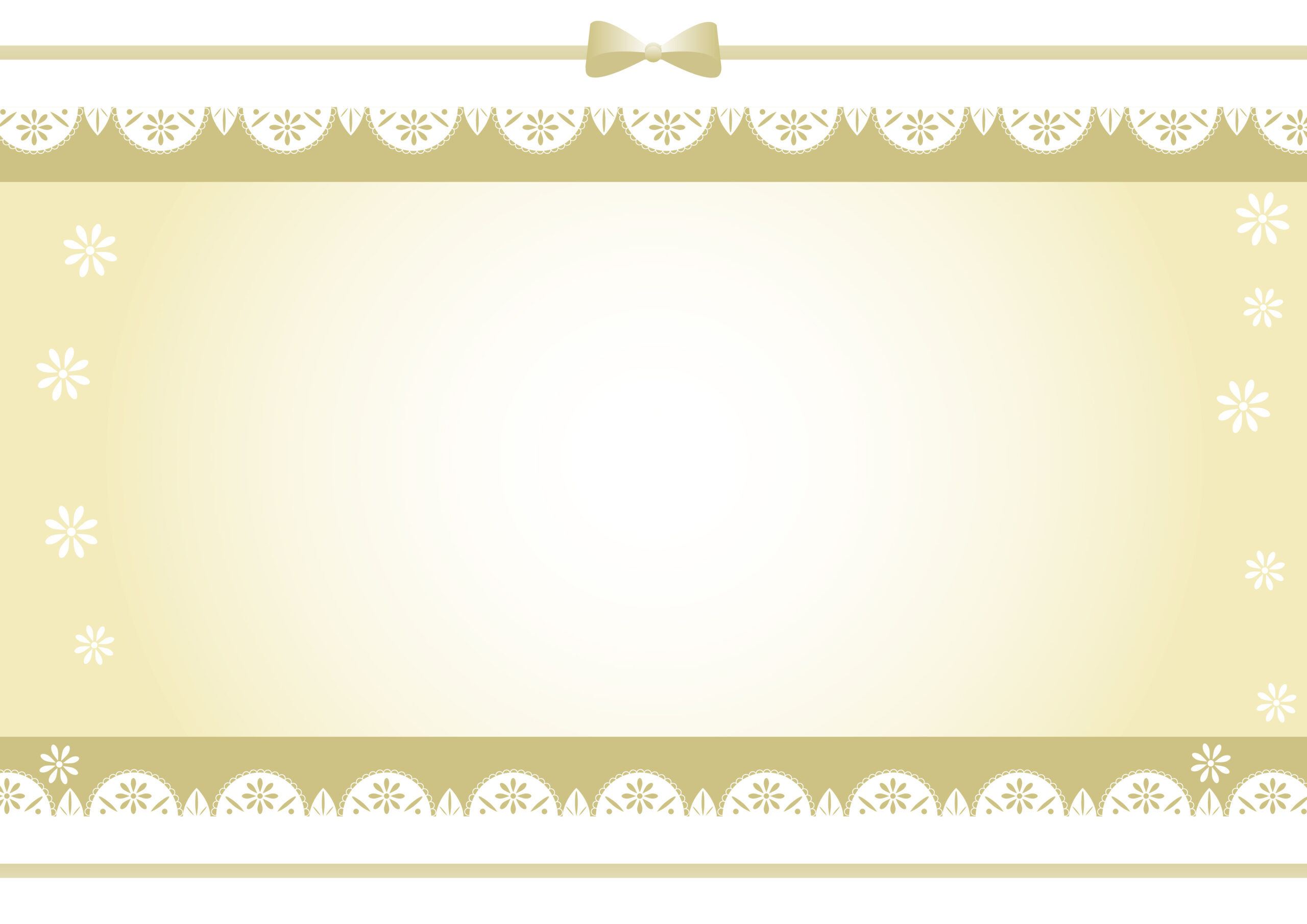 ゴールドカラーの豪華でかわいいデザインのフレーム素材となり、リボンと花模様入りのレースのイラストで、結婚式のお祝いメッセージカードやプロフィールムービーの飾り枠などに使いやすいのでおすすめです。ダウンロード：JPGA4サイズで印