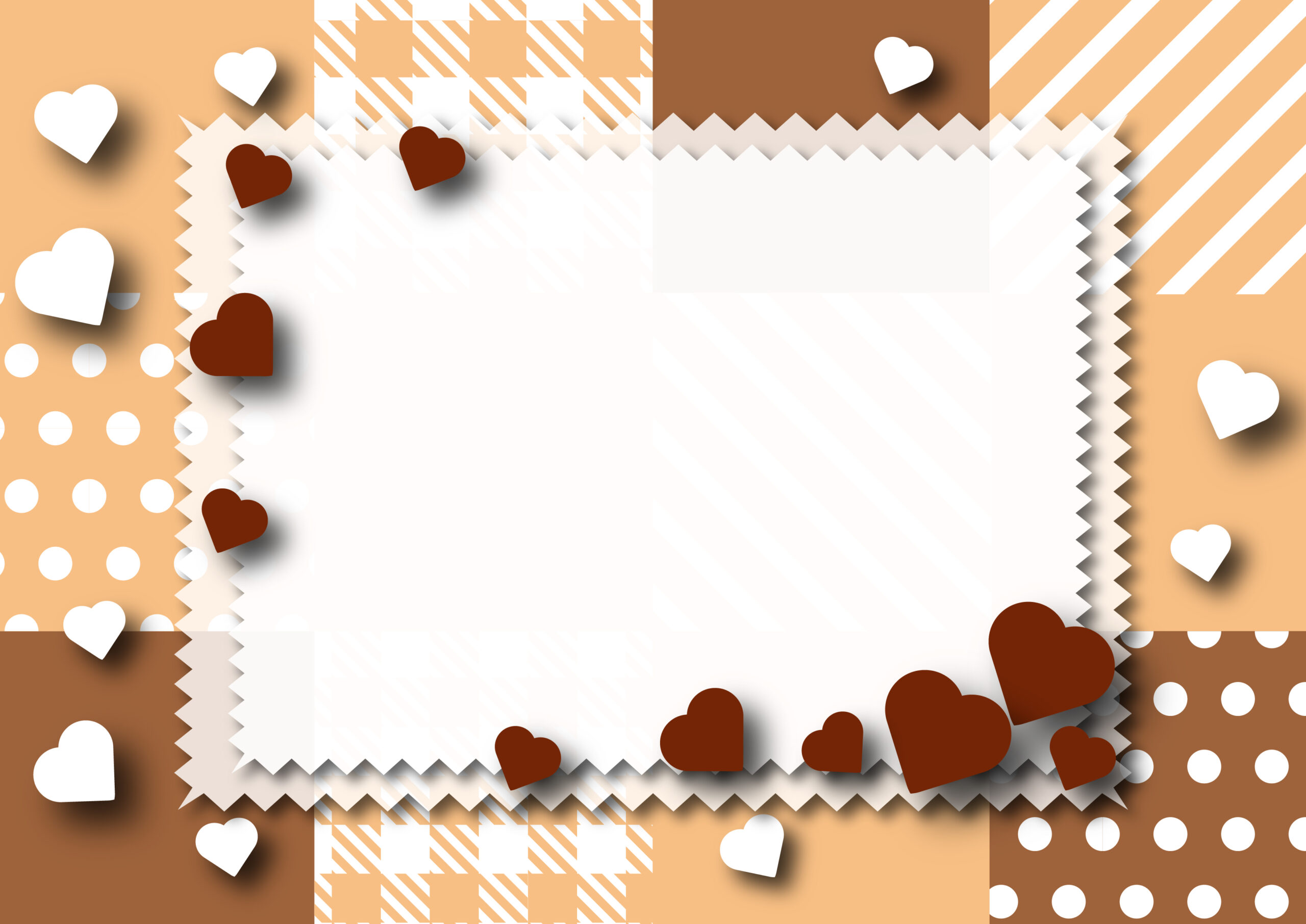 チョコレートカラーのデザインでバレンタインデーのメッセージカードにも使いやすいかわいいフレーム・ハートのイラストやチェック柄、水玉模様の背景が描かれたおしゃれなテンプレートになります。ダウンロード：JPGA4サイズで印刷