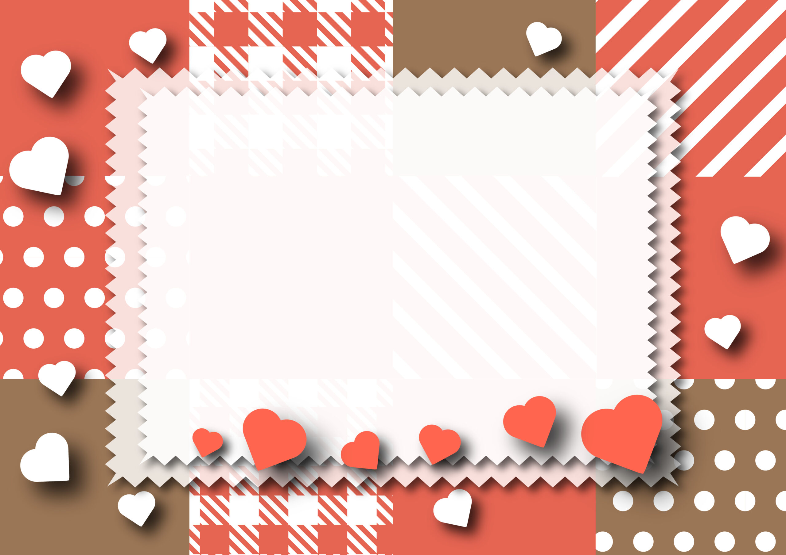 2月14日のバレンタインイベントの張り紙に使えるハートのイラスト入りのデザインフレーム素材です。お店の看板や壁に貼ったり、ホームページの告知用などにご活用いただけるテンプレートになっております。ダウンロード：JPGA4サイズで印