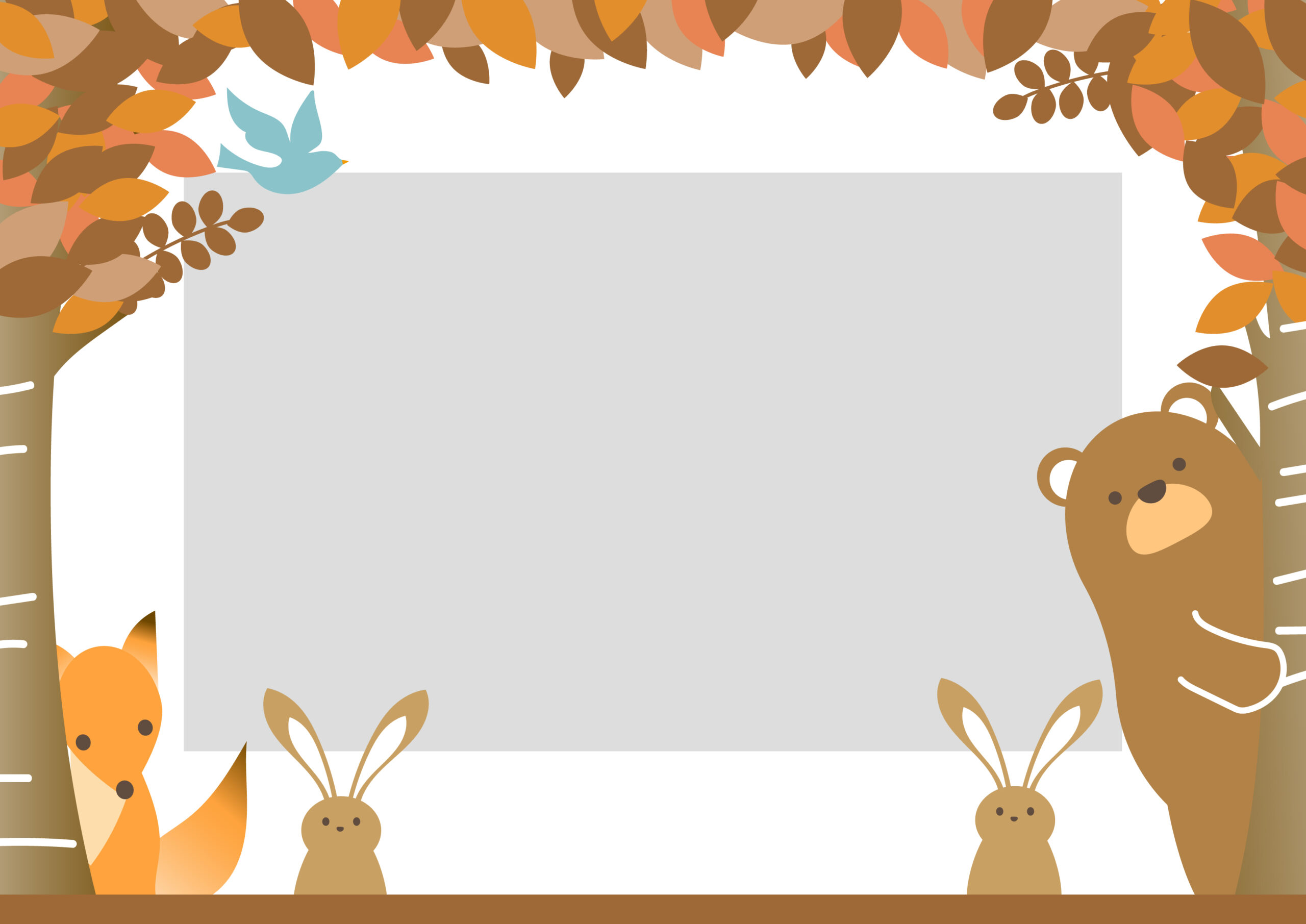 秋の森と動物のかわいいフレーム素材となり、小学校や保育園、幼稚園の遠足のお知らせやしおりの表紙などの飾り枠におすすめします。ウサギ、クマ、キツネ、鳥のイラスト入りとなっており、子供も目を引くデザインです。ダウンロード：JPGA4
