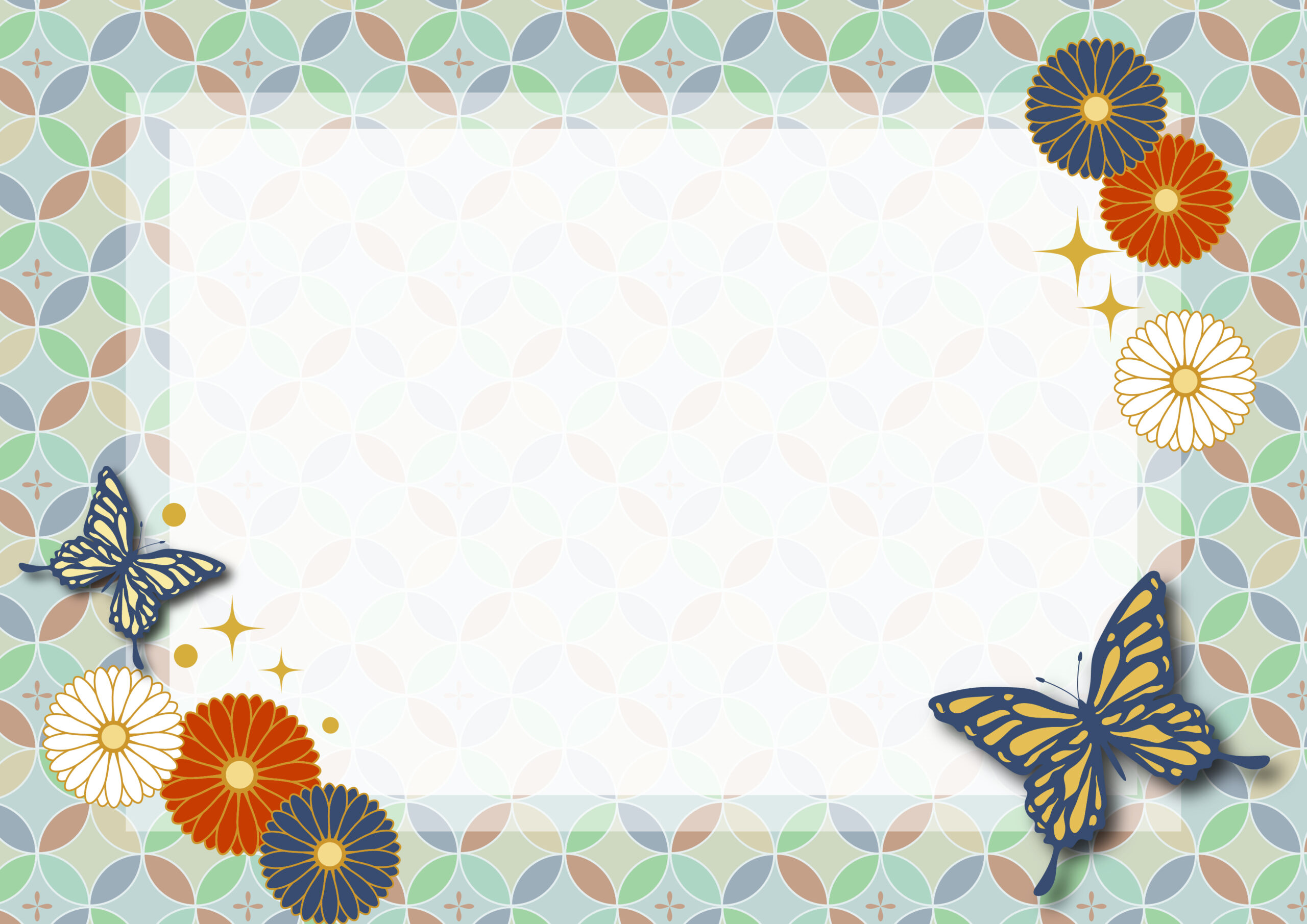 お祝いメッセージカードや、フォトフレームの用途で使えるかわいいフレーム素材！菊と蝶々のイラスト入りで和風テイストのデザインがおしゃれです。結婚や出産のお祝いや誕生日、記念日のお手紙の飾り枠におすすめします。ダウンロード：JPGA