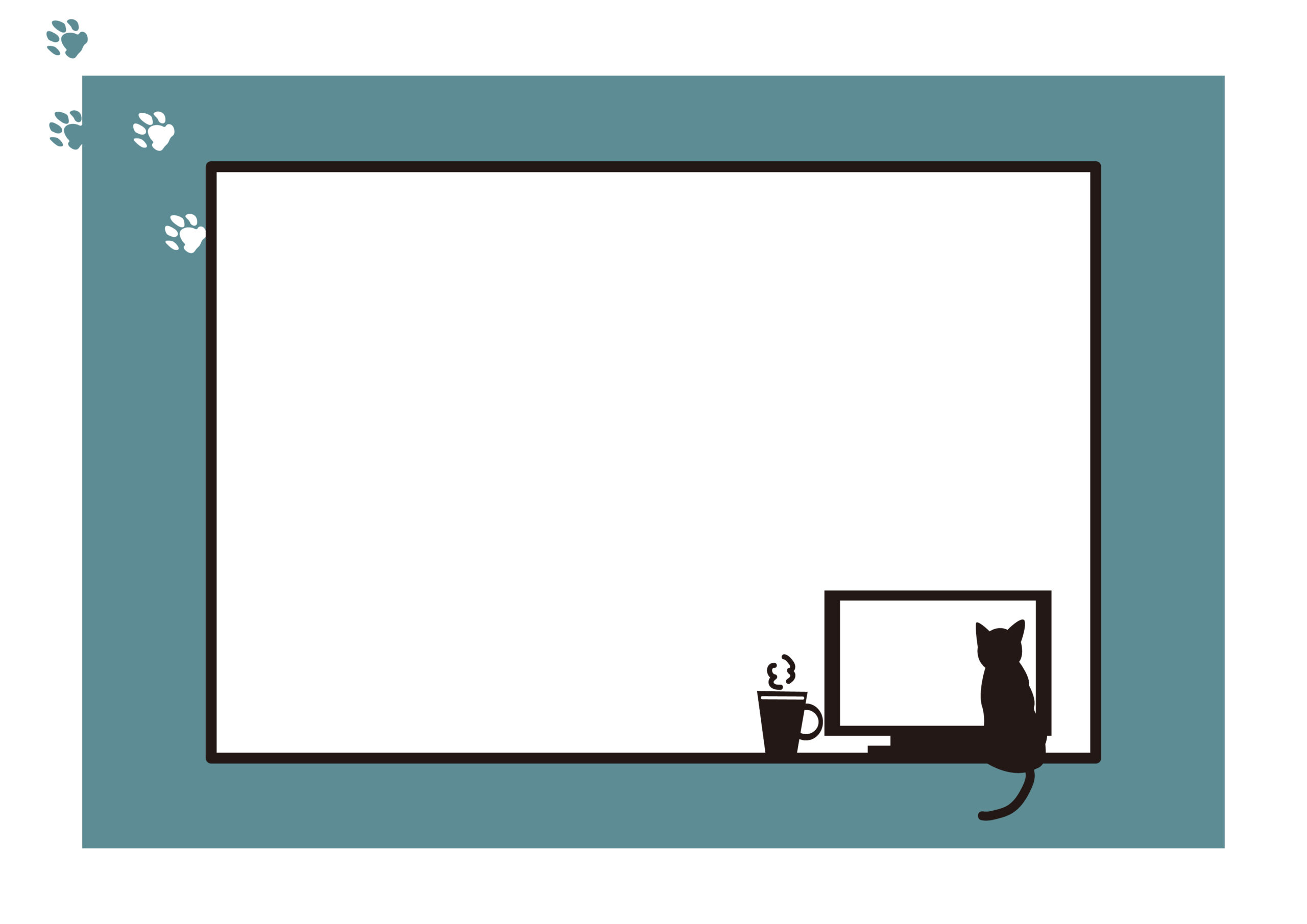 猫ちゃんがパソコンの画面を眺めている姿のイラスト入りとなり、パソコン教室の臨時休業のお知らせの張り紙などに使いやすいかわいいフレーム素材になります。枠の中にお休みの連絡や案内を手書きやパソコンで記入し作成してください。ダウンロード：