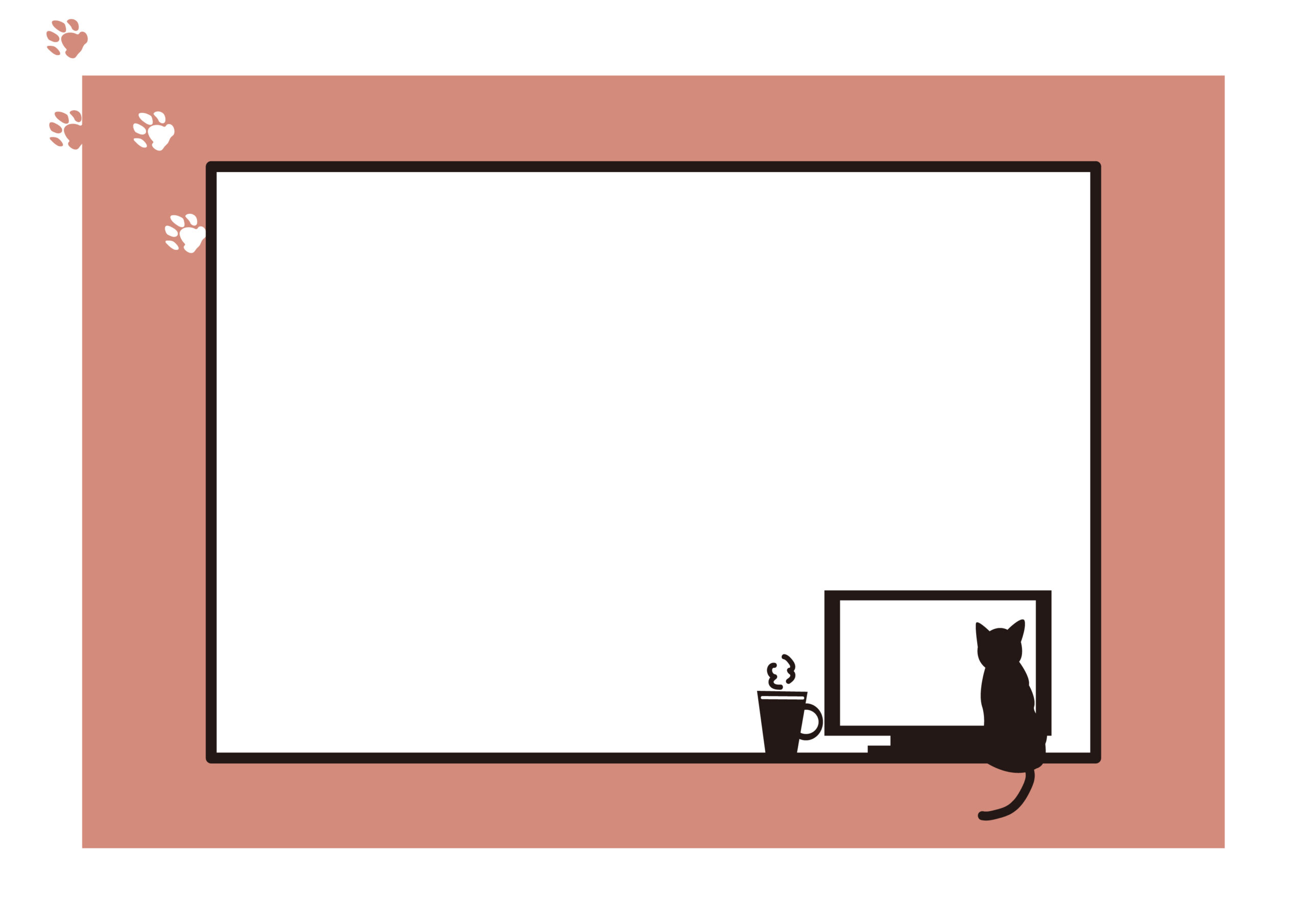マットなピンクカラーがおしゃれ！ネコとパソコンのイラストデザインフレームになります。勉強会や講習会の案内の張り紙やポスター、WEBサイトやSNS掲示用の画像作成に使えるかわいい飾り枠になります。ダウンロード：JPGA4サイズで印