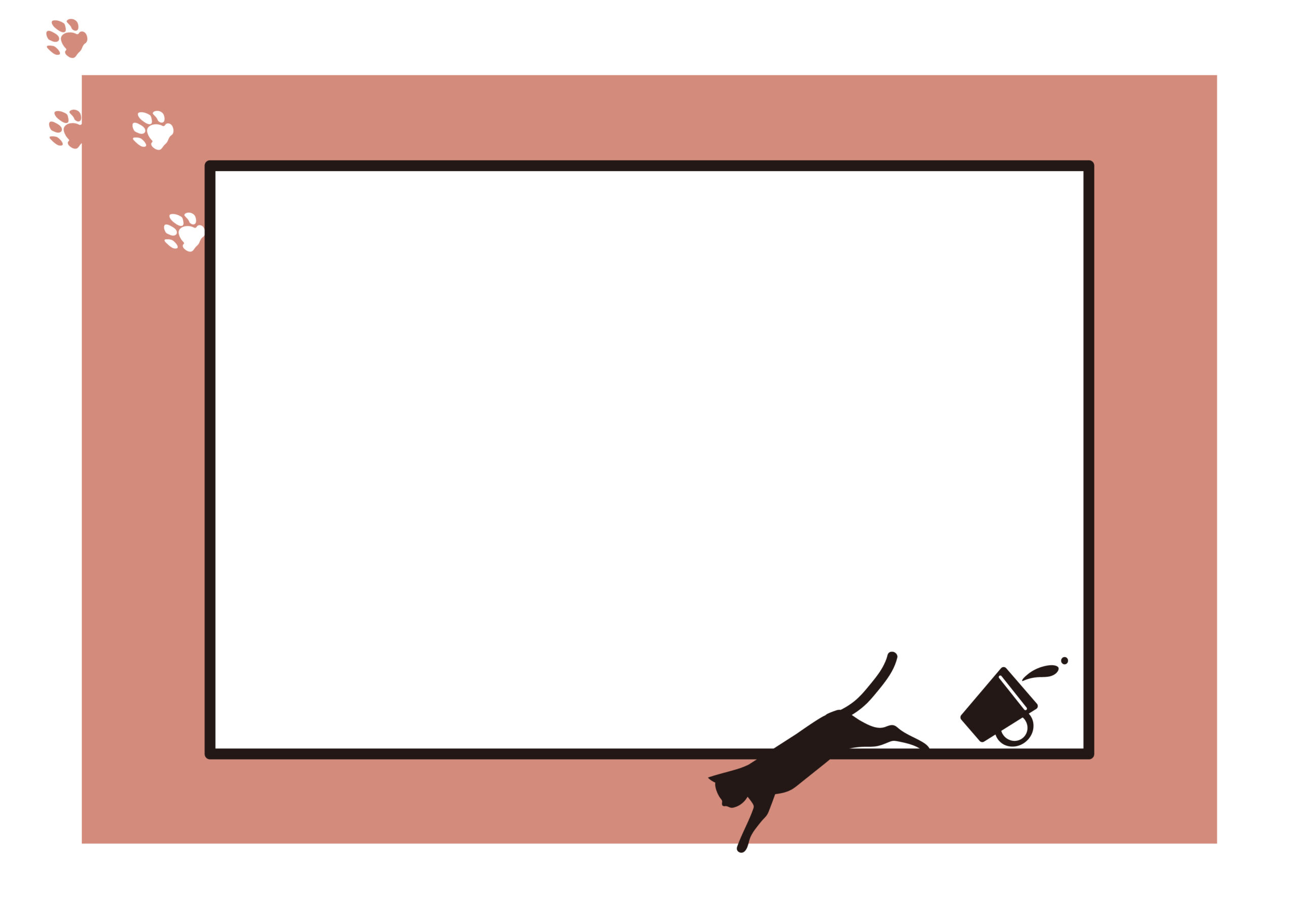 メッセージカードや便箋の枠などにご使用可能なかわいいデザインのフレーム素材です。猫と足跡、ネコちゃんが倒してしまったマグカップのシルエットイラストが描かれたお茶目な飾り枠になり、ダウンロードでご利用いただけます。ダウンロード：JPG