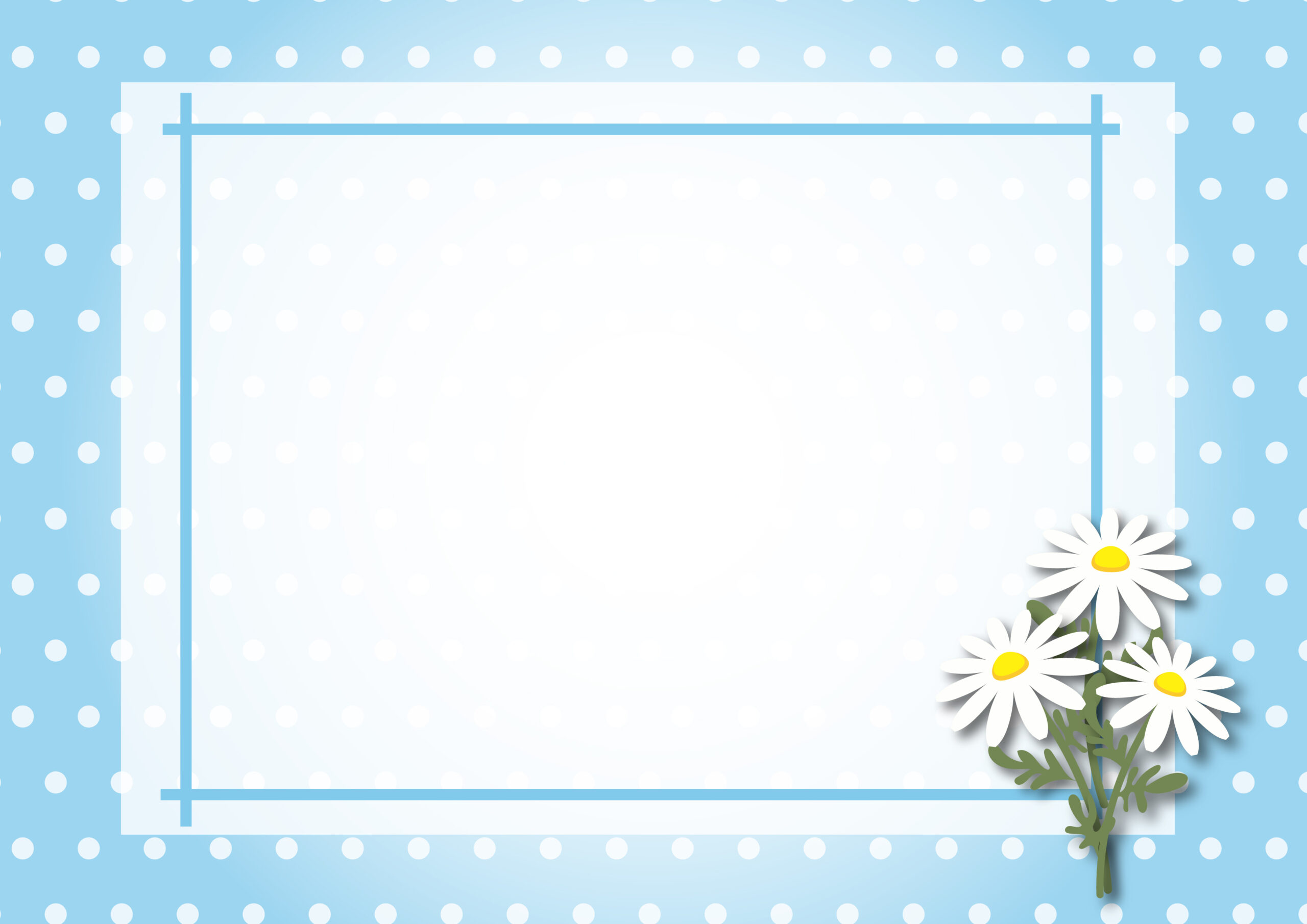 お花屋さんのメッセージカードにおすすめ！花に添えて一緒に贈るメッセージカードの台紙のご利用にいかがでしょうか。かわいい水玉模様の背景で、マーガレットの花のイラスト入りとなり、爽やかな水色デザインで、夏のカードにおすすめです。ダ