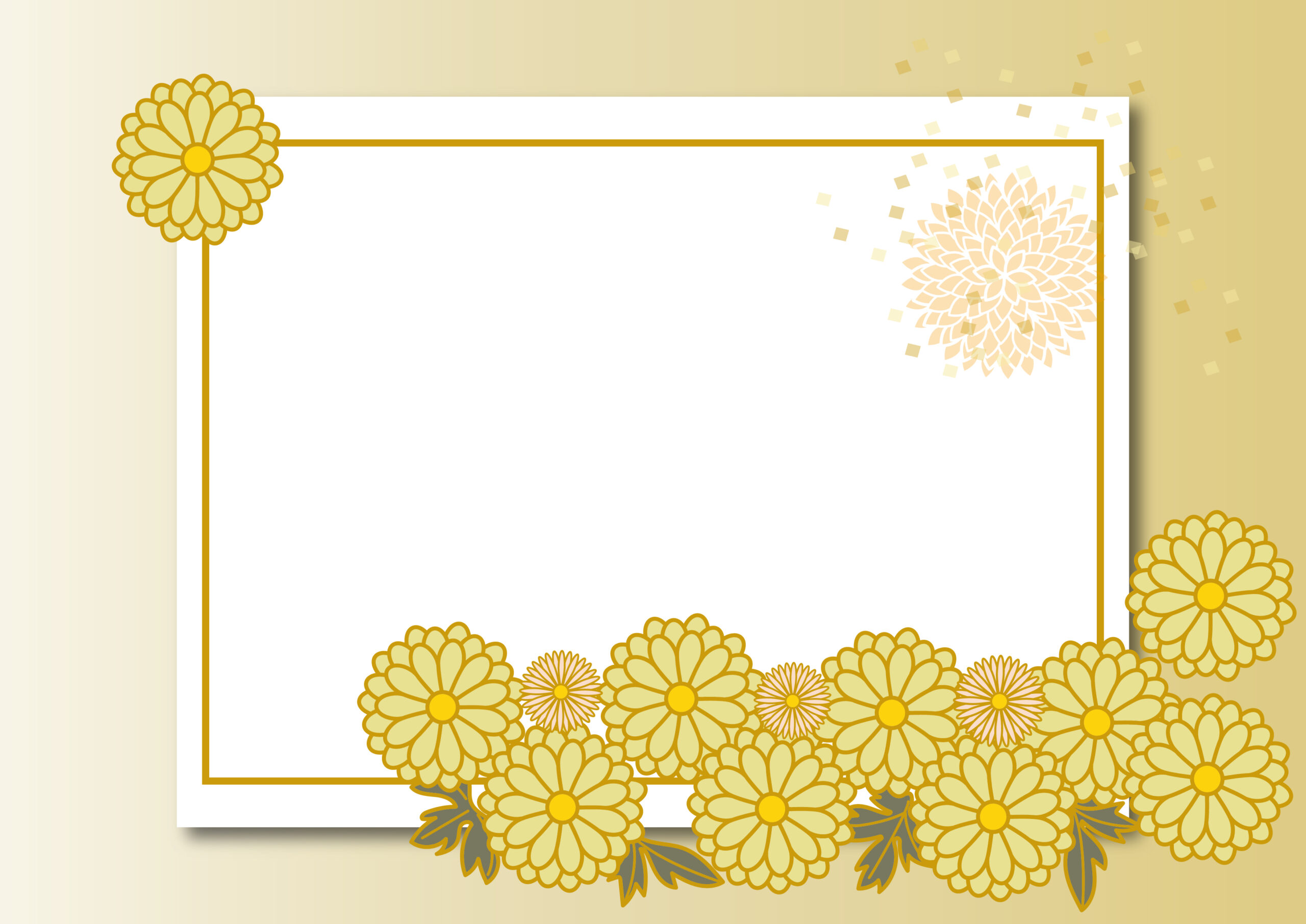 菊の花が描かれたおしゃれな和風デザインのフレームになり、張り紙やメッセージカードなどの作成にご活用いただけます。和柄のイラストで、落ち着いたイメージもあり、お店の臨時休業のお知らせなどにもおすすめです。ダウンロード：JPGA4サ