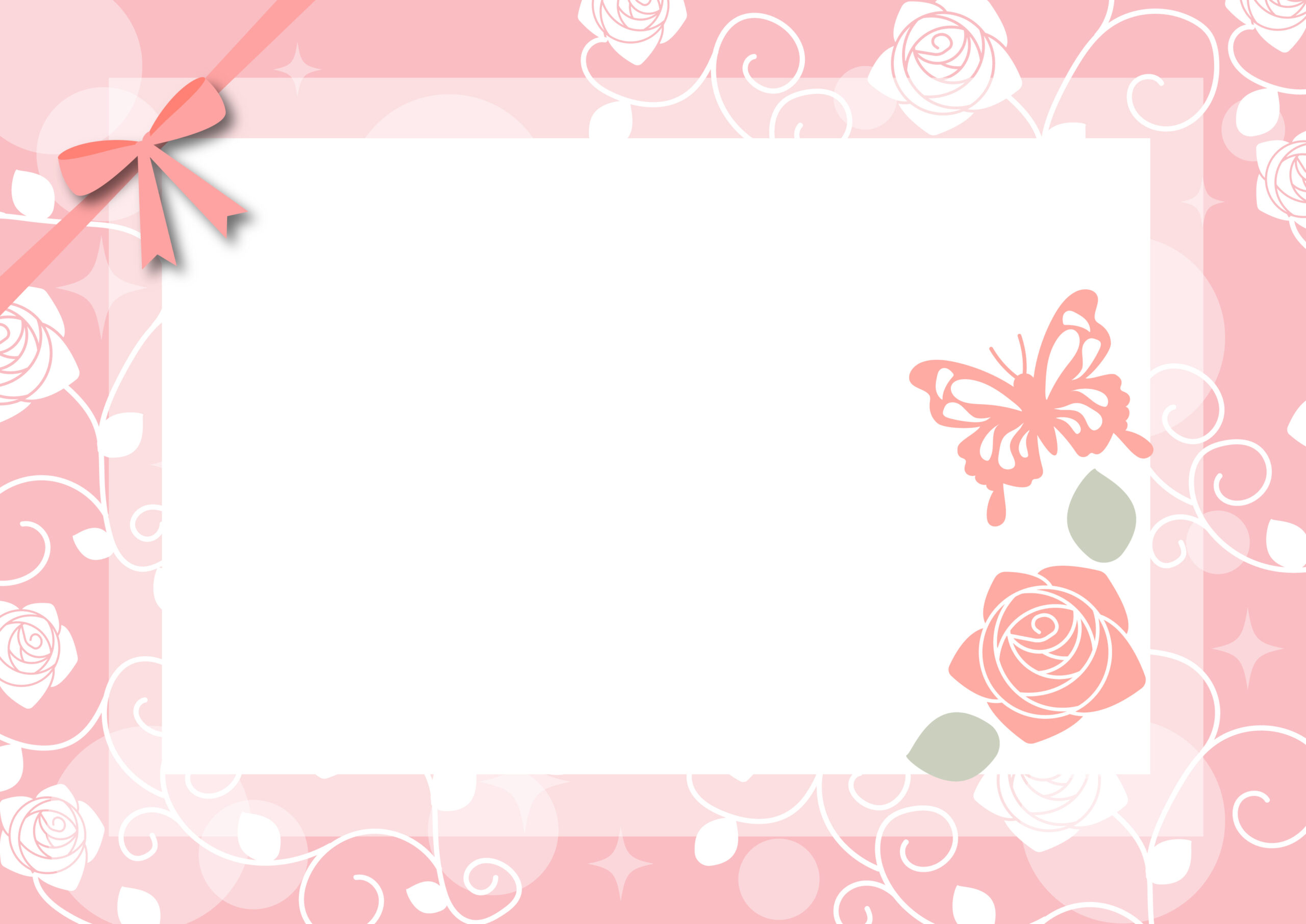 結婚のお祝いやバースデーカードにぴったり！ピンクカラーの蝶々とバラの花のかわいいフレームです。リボン付きの飾り枠のため、誕生日などのお祝い事におすすめのデザインとなり、ギフト感のあるフレーム素材です。ダウンロード：JPGA4サイ