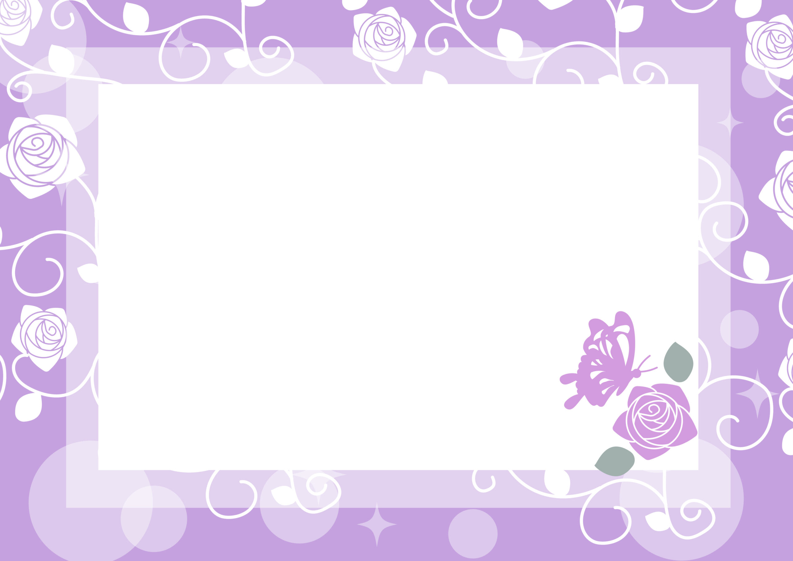エレガントで上品なデザインの飾り枠・紫カラーのおしゃれなフレーム素材となり、薔薇の花と蝶々のイラストが描かれたテンプレートです。お花屋さんやエステ、ネイルサロンの挨拶メッセージや臨時休業の張り紙などにおすすめします。ダウンロード：J