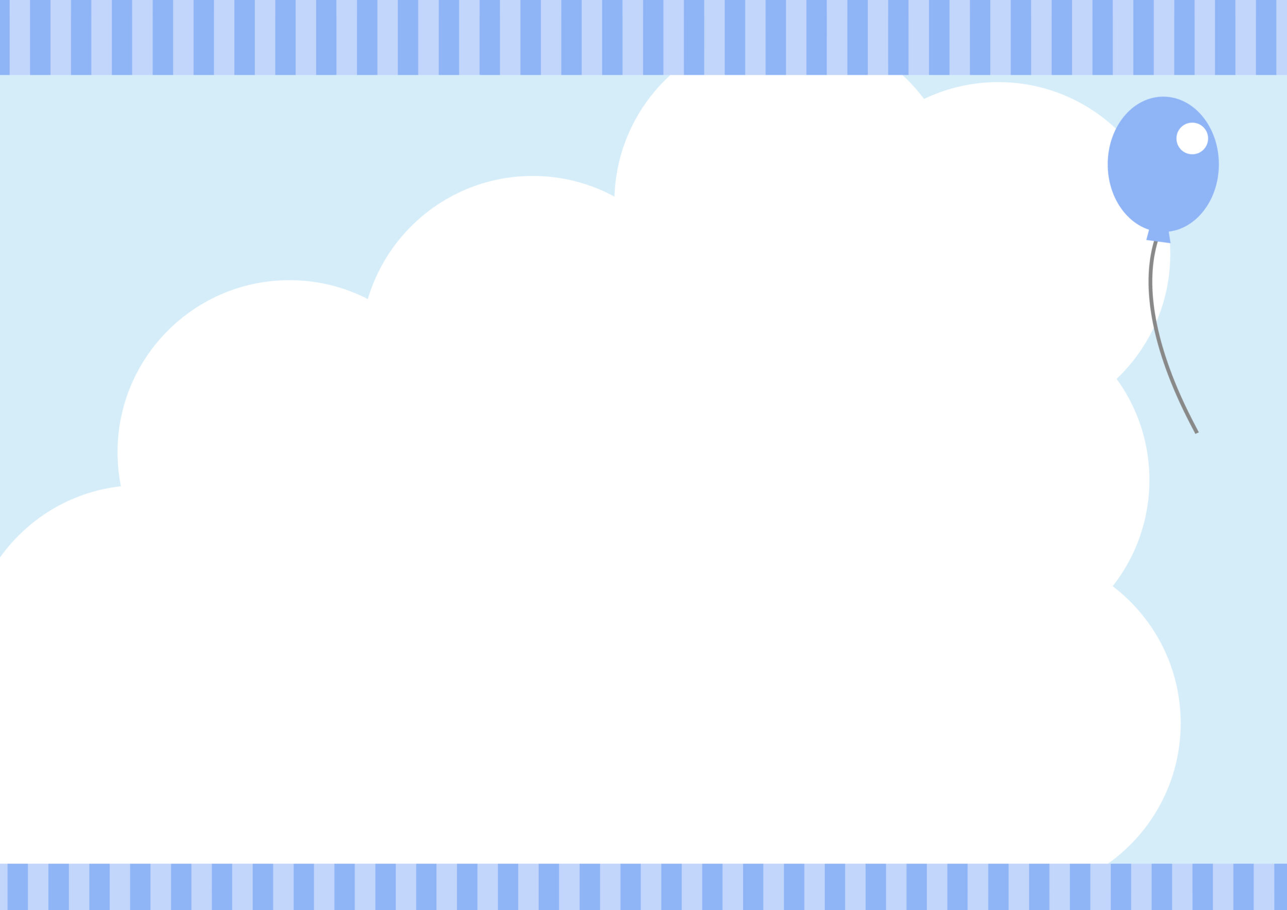 ダウンロードで使える張り紙やポスター作成に便利なフレーム素材！風船が浮かぶ青空の背景、青いストライプ柄の枠イラストデザインになります。臨時休業や長期休暇のお知らせ、イベント、行事告知などにお役立てください。ダウンロード：JPGA