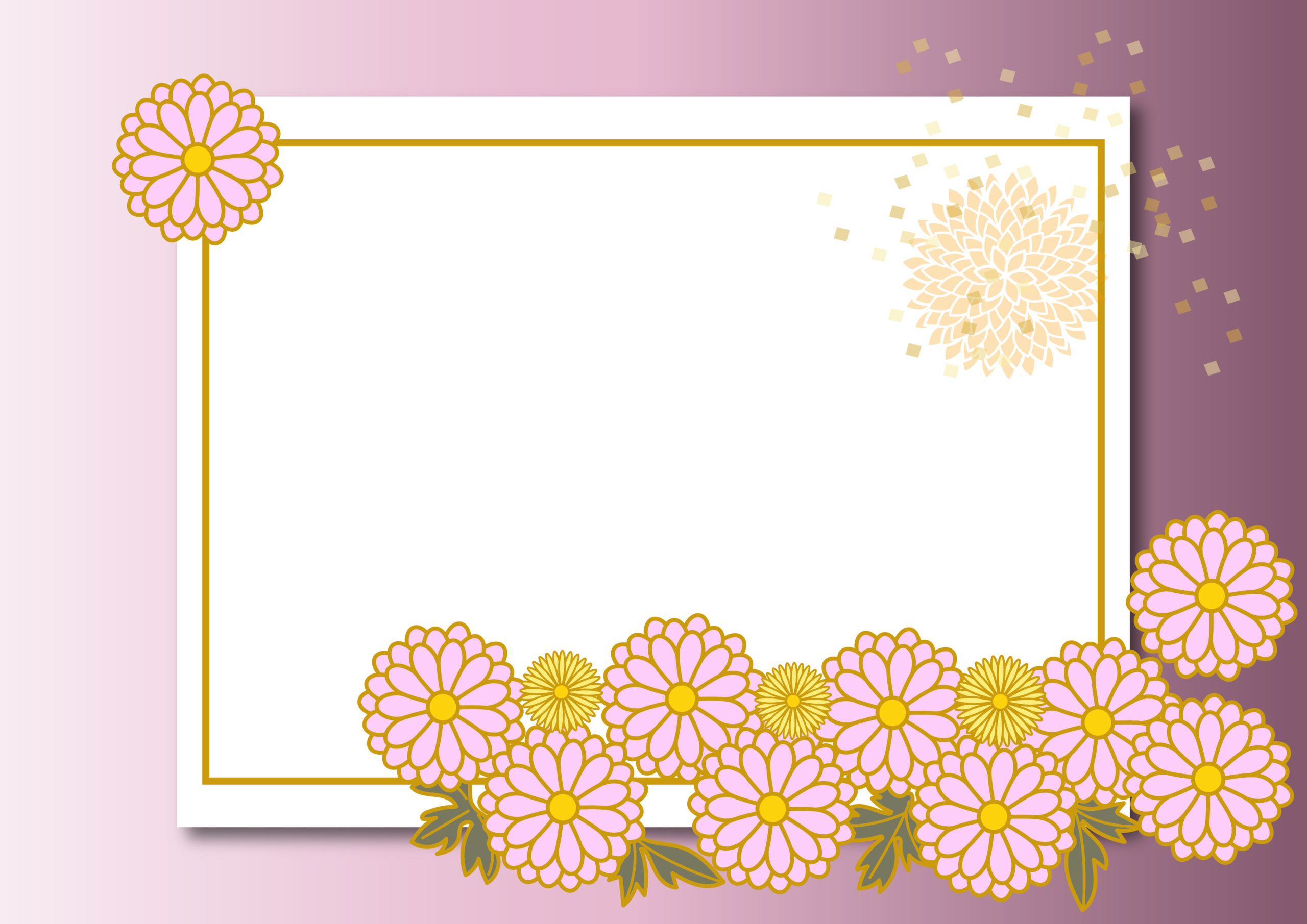 成人式や着物姿で撮影した写真のフレームにおすすめのおしゃれな飾り枠になります。紫のグラデーションカラーが背景となり落ち着いた上品なフレーム素材となっております。菊の花のイラスト入りで和風デザインのテンプレートになります。ダウンロード
