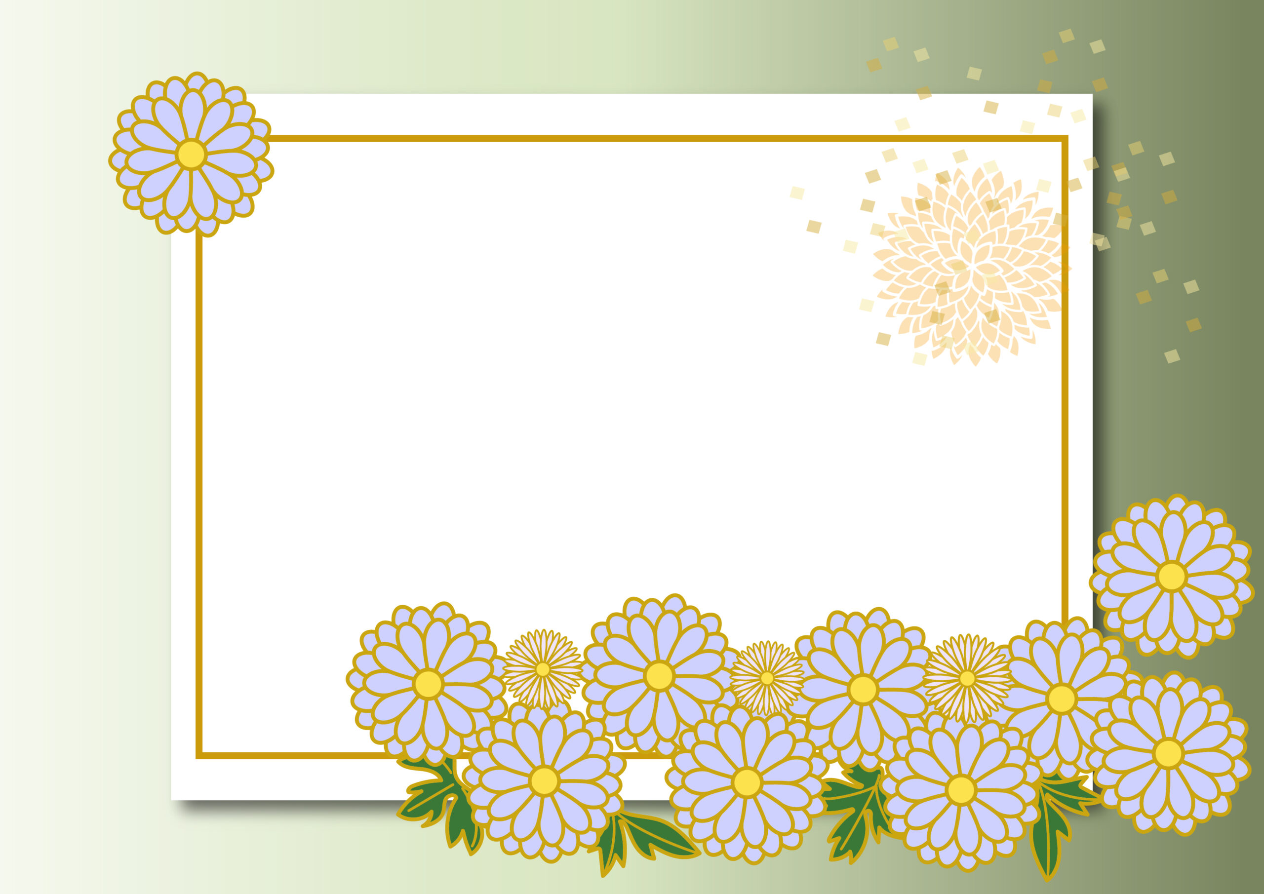お悔やみの手紙やメール、情報案内の張り紙などに使いやすいデザインのイラストフレームになり、菊の花が描かれた綺麗な飾り枠となっております。上品で落ち着いたデザインのテンプレートで、印刷・画像どちらでもご利用いただけます。ダウンロード：