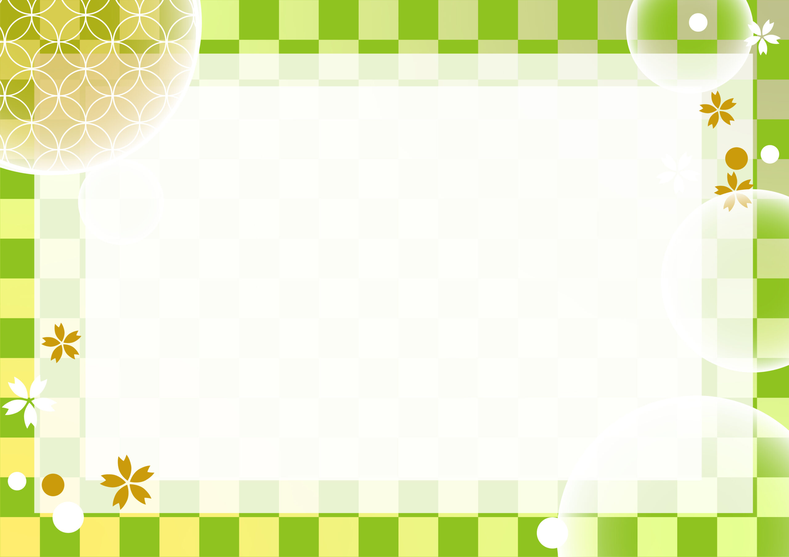 お誕生日に送るメッセージカードやお手紙の便箋、バースデーカードの飾り枠などに活用できるかわいい和風デザインのフレーム素材になります。市松模様の背景や桜、麻の葉模様といったおしゃれな和柄のイラストが描かれております。ダウンロード：JP