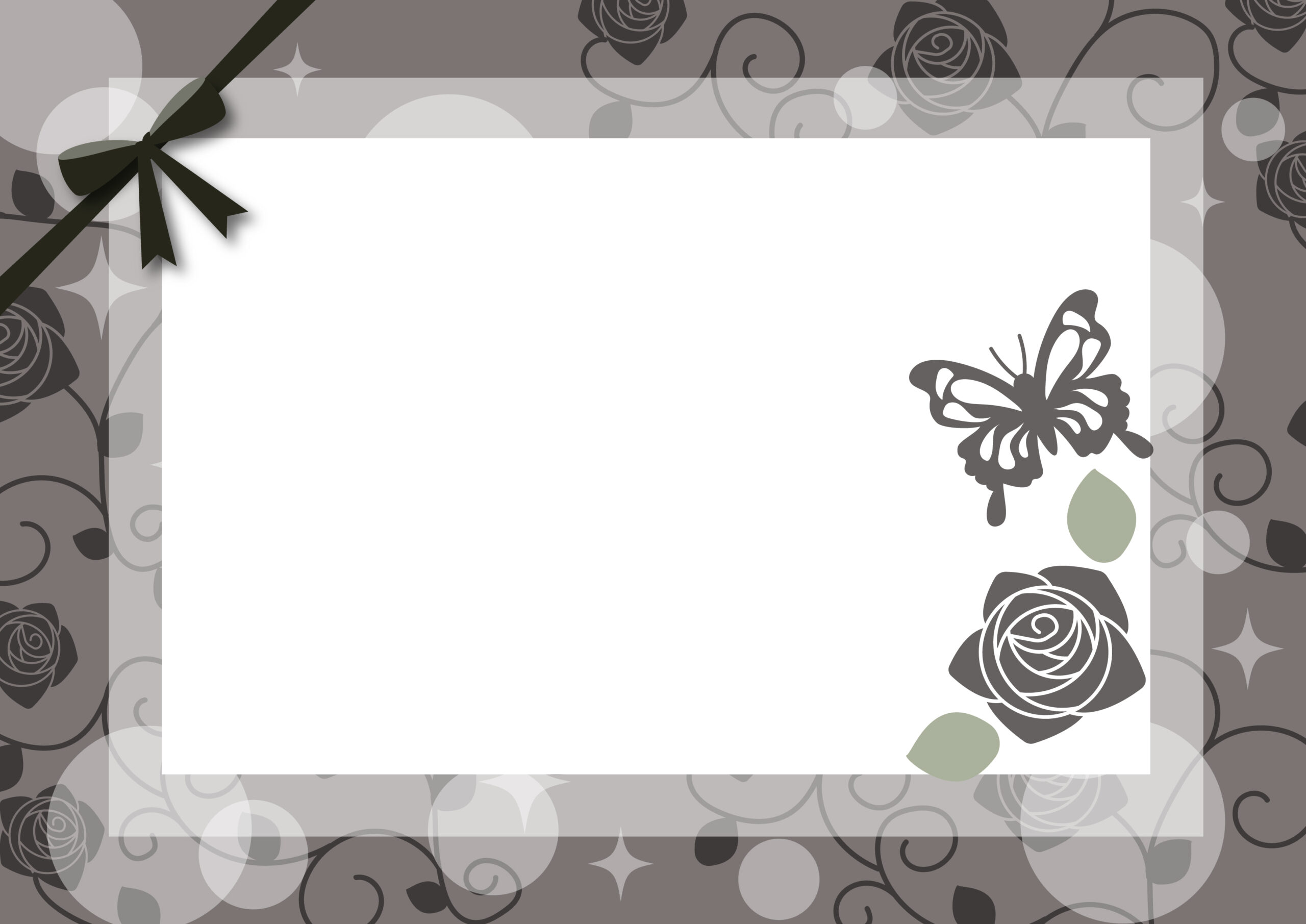 モノクロカラーのおしゃれなフレーム！蝶々とバラのデザイン、リボンのついた飾り枠の素材になります。誕生日カードやプレゼントに添えるメッセージカードにいかがでしょうか。白黒印刷でもかわいいのでおすすめします。ダウンロード：JPGA4