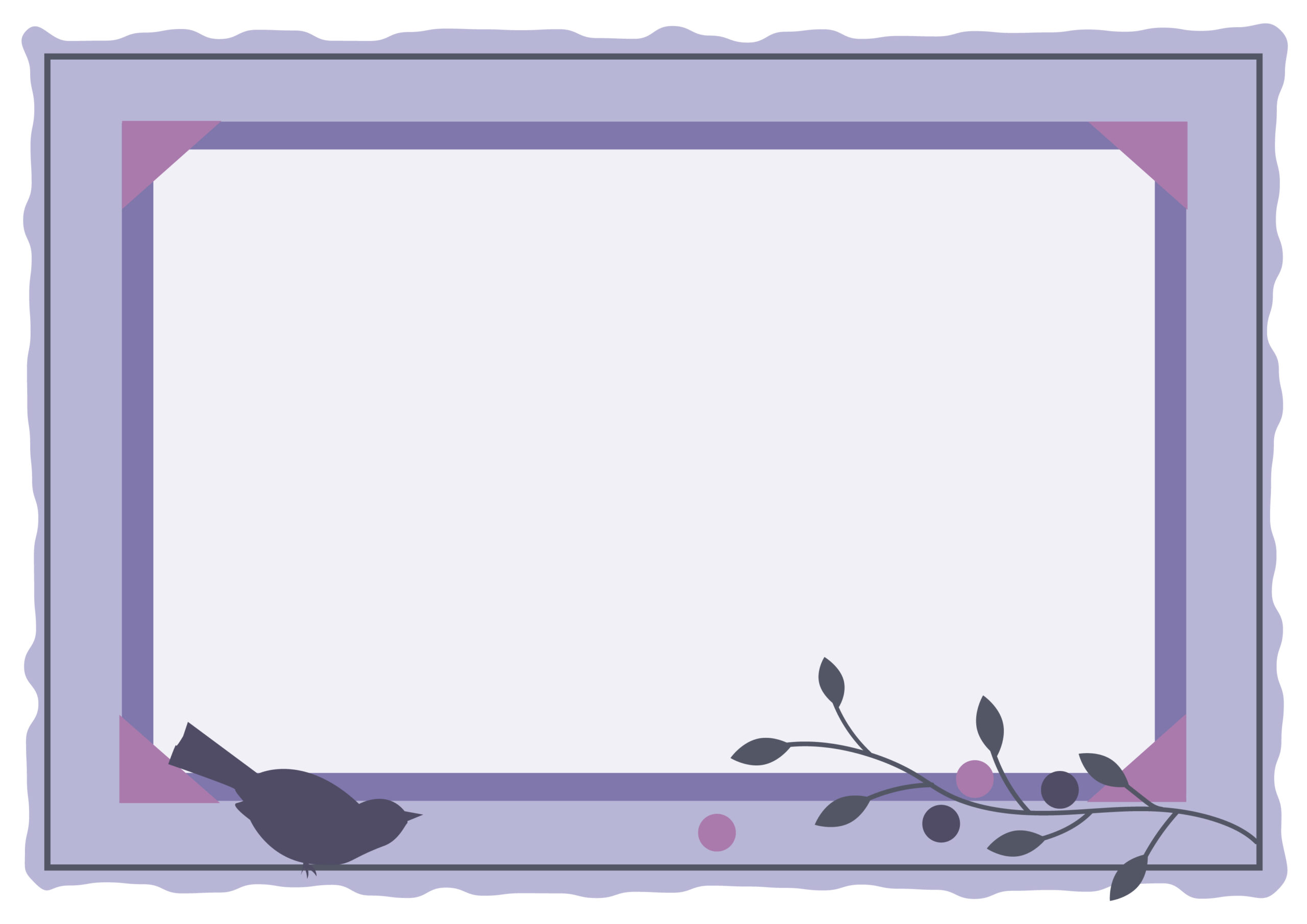 紫カラーで鳥と植物のイラストが描かれた落ち着いたデザインのおしゃれなフレーム素材になります。小鳥の飾り枠素材などをお探しの方におすすめで、お便りやプリントの背景、手紙の便箋利用なども可能となっております。ダウンロード：JPGA4