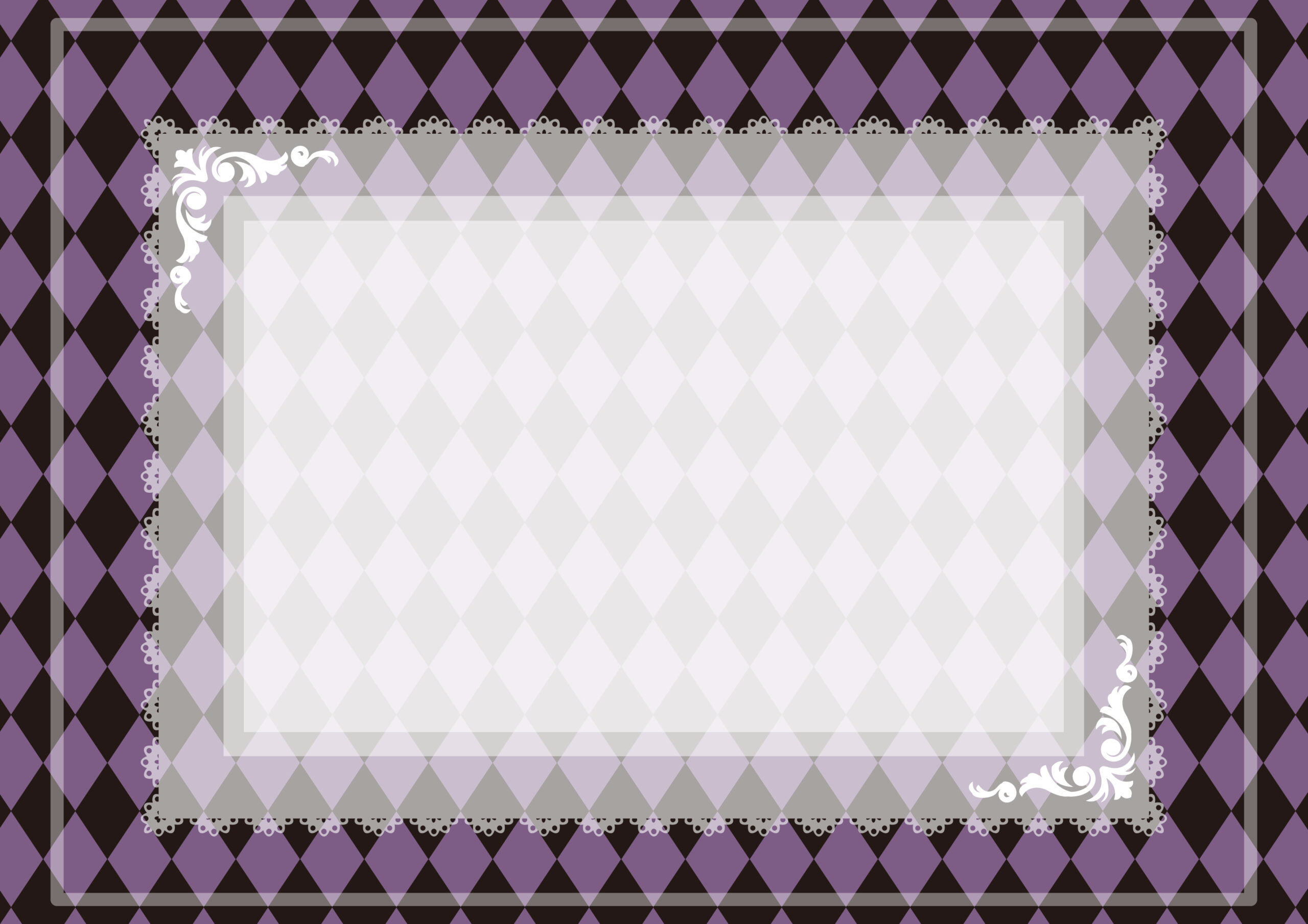 紫カラーのおしゃれなダイヤ柄背景・レースの飾り枠のフレーム素材になります。動画の背景や壁紙、ブログのサムネイルなどにご使用可能となり、張り紙などの用途で印刷利用でもかわいい素材となっております。ダウンロード：JPGA4サイズで印