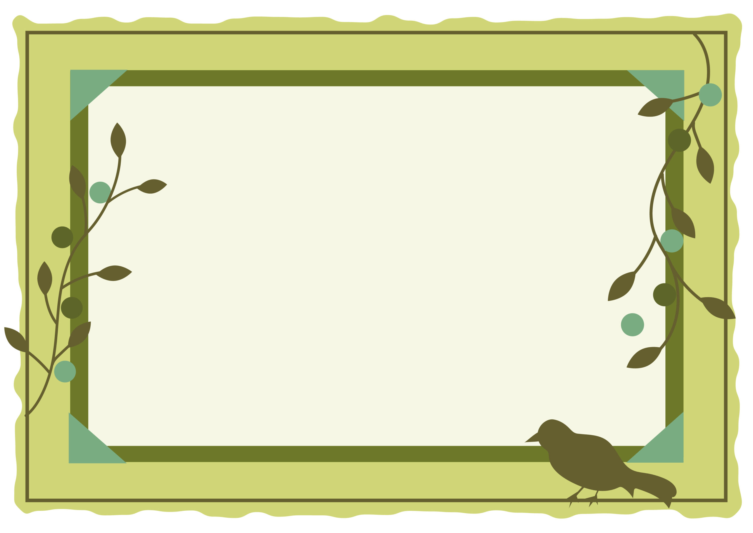 5月や6月のカレンダーの飾り枠におすすめするおしゃれなデザインのフレーム素材です。淡いグリーンカラーで、植物と鳥のシルエットイラスト入りとなり、PNG画像を挿入してアレンジするとオリジナルの素材が作成いただけます。ダウンロード：JP