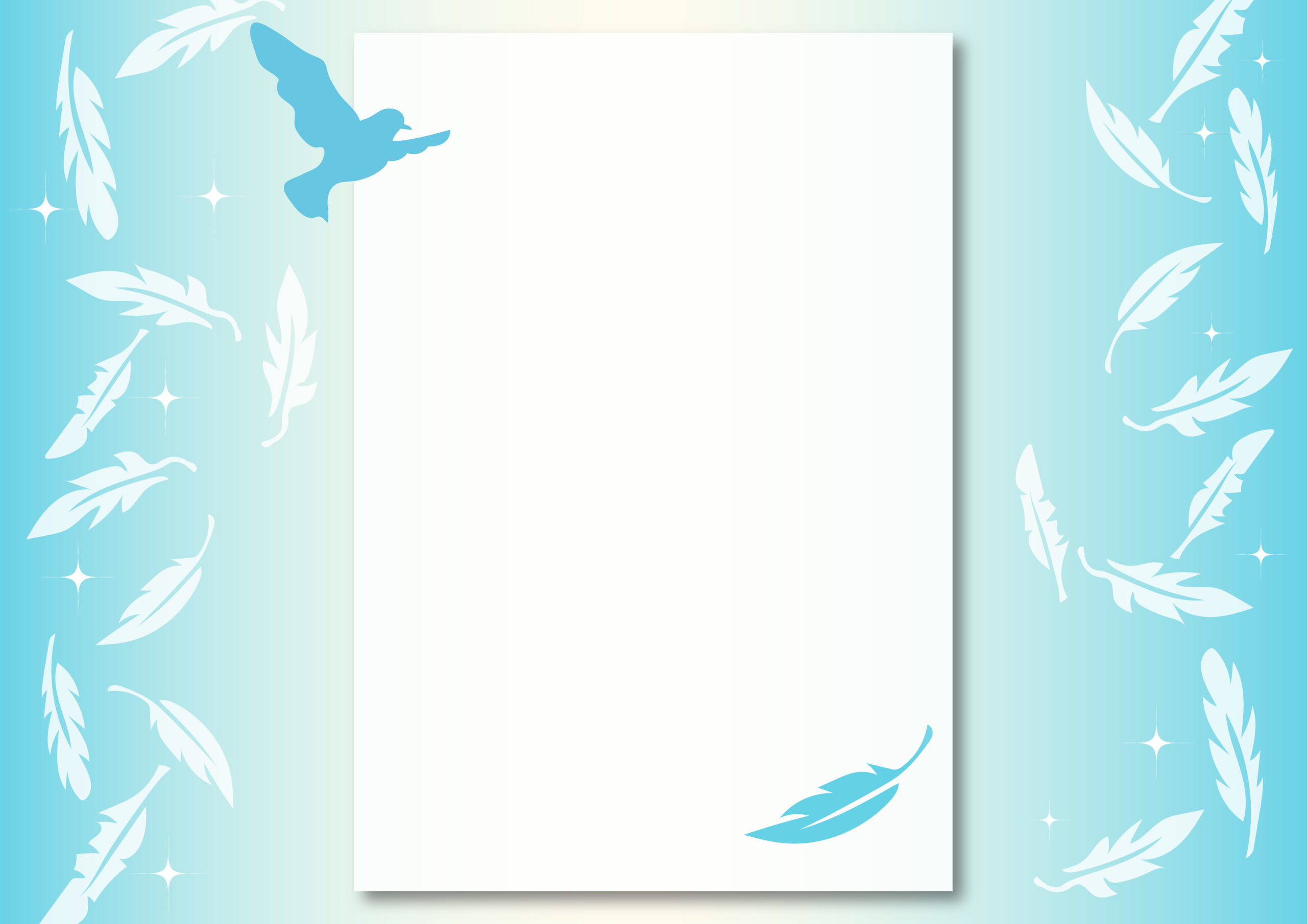 ボランティア募集の張り紙におすすめ！青い鳥と羽根の綺麗なフレームで縦書き、横書きどちらでも文章が内容が作成できるテンプレートになります。ボランティアスタッフの求人ポスターや貼り紙、WEBサイト案内にお役立てください。ダウンロード：J