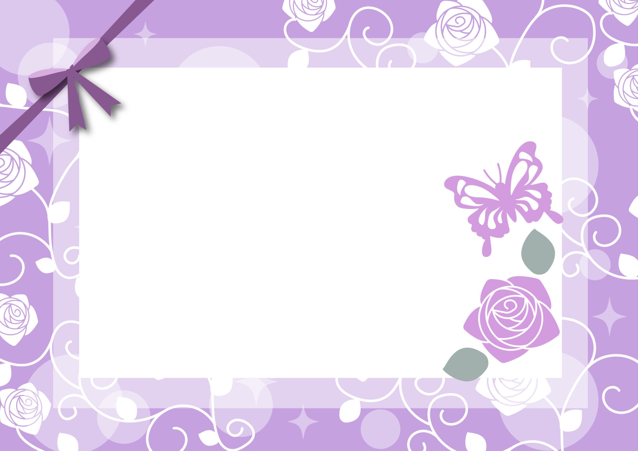 おしゃれなメッセージカードが手作りできるかわいいフレーム素材！印刷して手書き作成も可能なリボン付きのイラストになり、綺麗なバラの花と蝶々のデザインとなっております。誕生日や結婚のお祝いなどにご活用ください。ダウンロード：JPGA