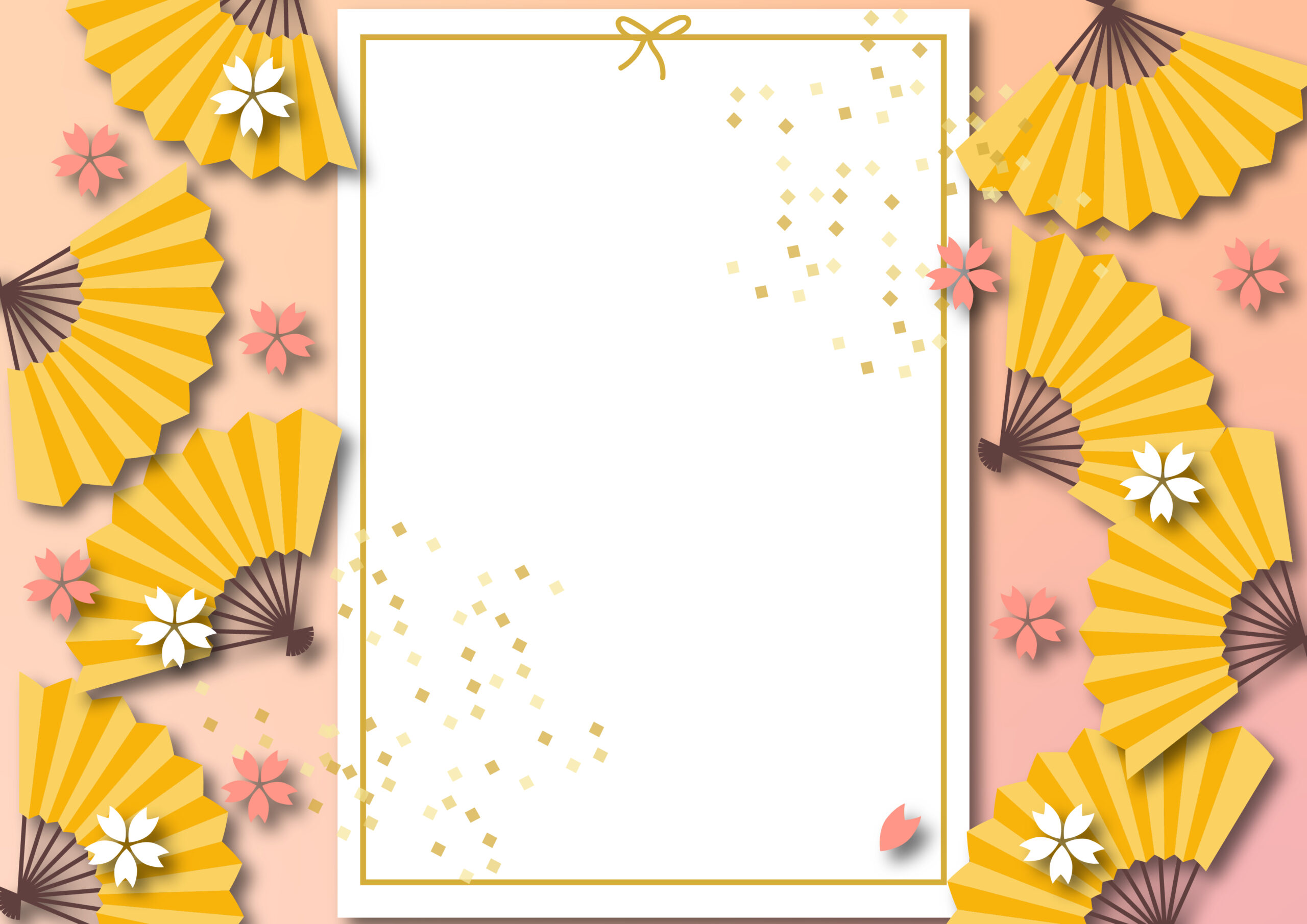 年賀状作成に使えるかわいいフレーム素材！扇子と桜、金色の紙吹雪が舞ったおしゃれな和風デザイン！縦書きの文字入れ利用におすすめの飾り枠になります。華やかなピンクカラーで明るい年明けや年始にぴったりのテンプレートです。ダウンロード：JP