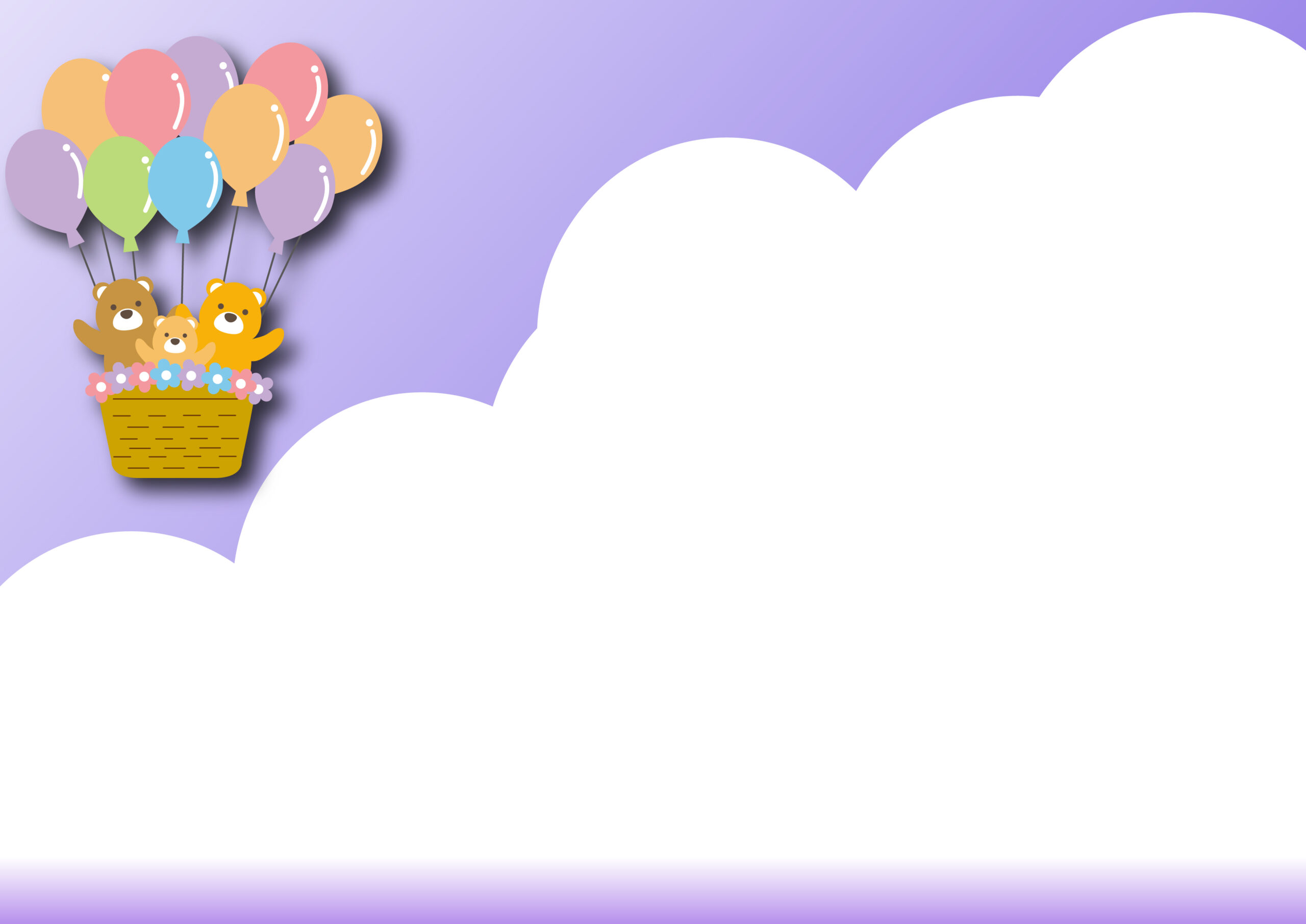 気球や風船、動物をテーマにしたイベントのポスターやチラシ、POP作成におすすめデザインのフレーム！空を旅するクマの親子がかわいい♪WEBサイトに掲示する画像作成にも便利な飾り枠の素材となっております。ダウンロード：JPGA4サイ