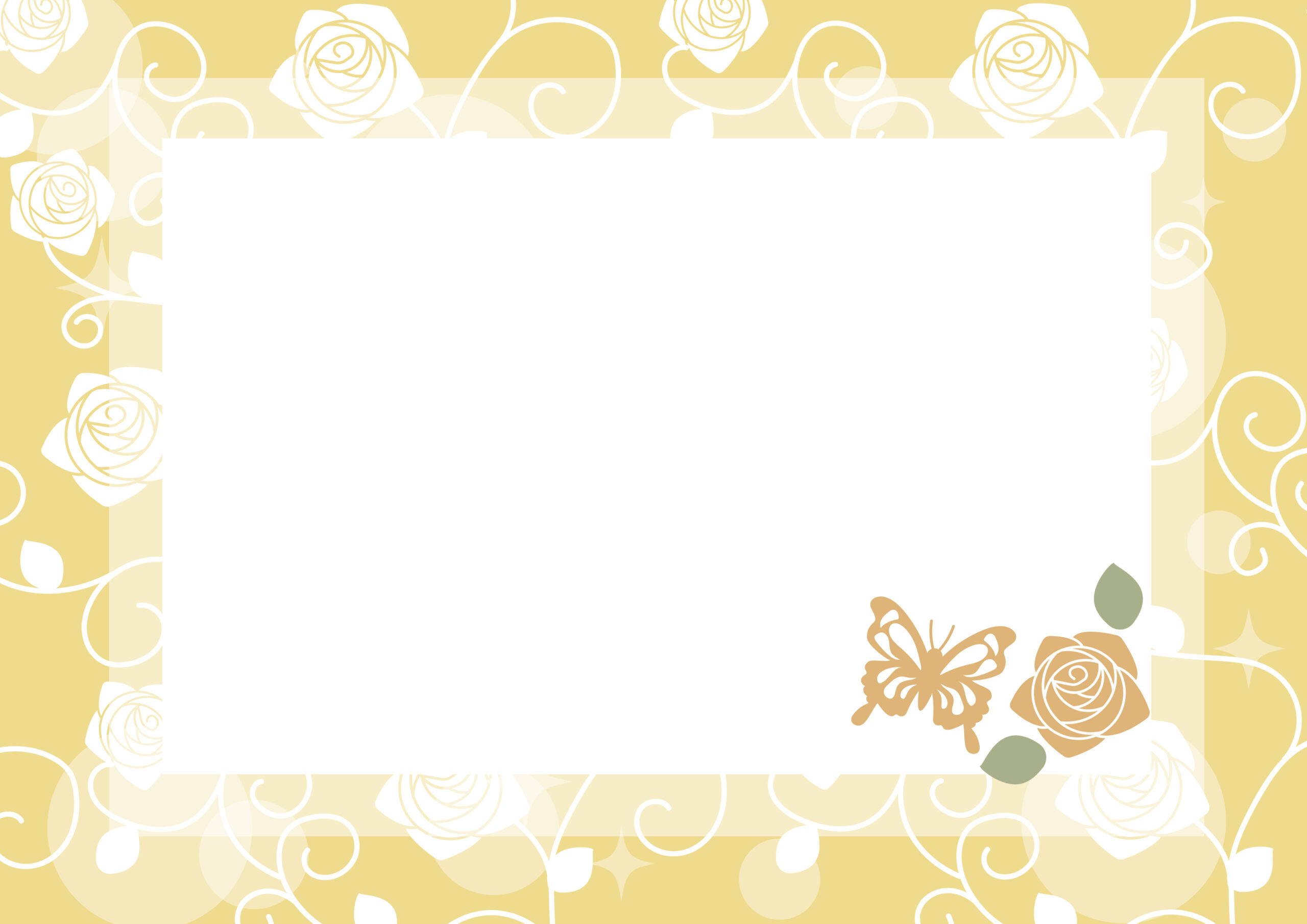 結婚式やパーティーの招待状や案内状の飾り枠に使いやすいデザインのおしゃれなフレーム素材で、バラの花や蝶々のイラストが描かれた華やかなテンプレートになります。横書き、縦書きどちらでもご使用が可能となっております。ダウンロード：JPG
