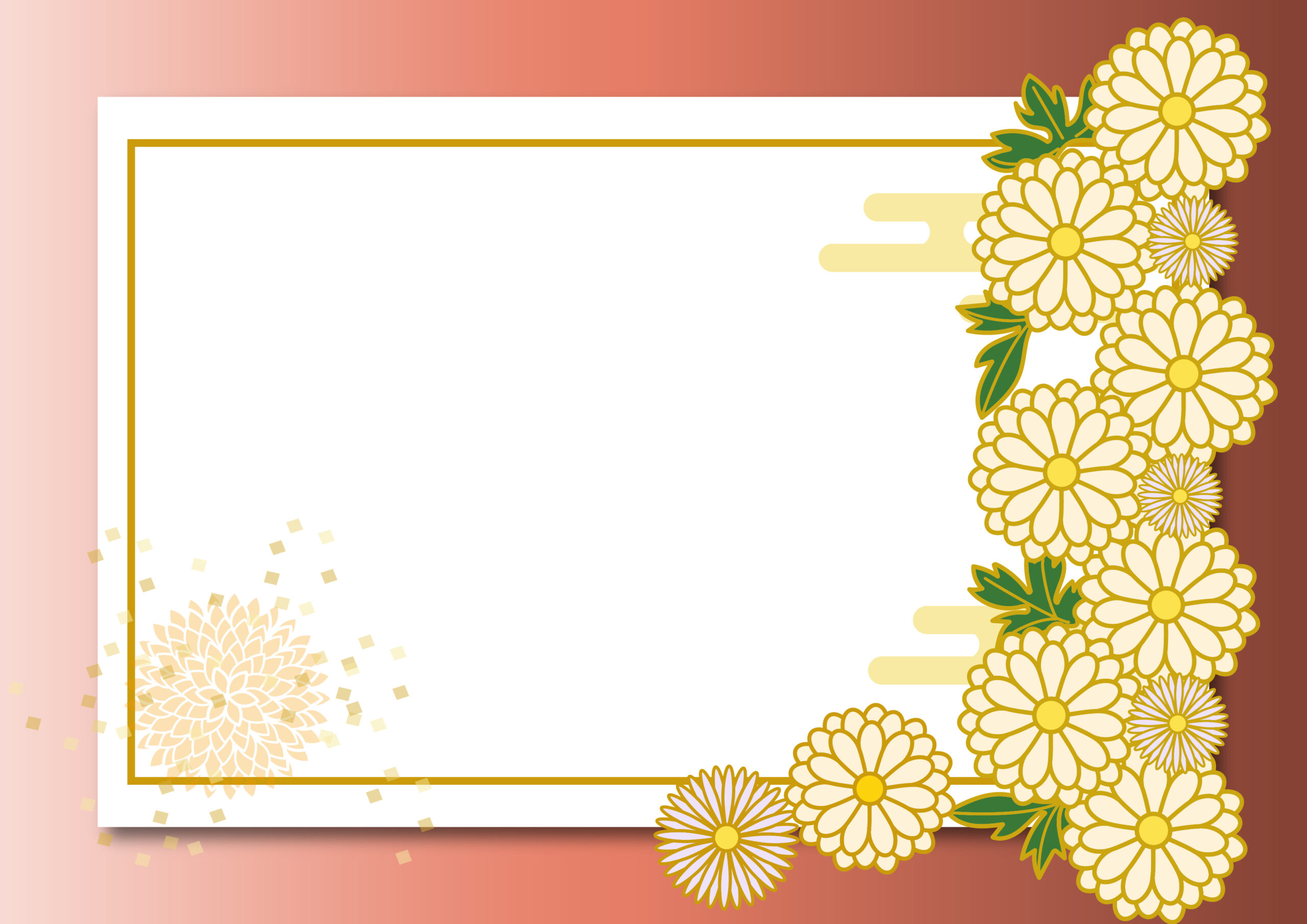 お正月のメッセージカードやお店の新春クーポン、お客様への挨拶状のデザインにおすすめのかわいいフレーム素材になります。お花のイラスト入りでおしゃれな和風テイストの飾り枠になり、文字は縦書き・横書きどちらもおすすめします。ダウンロード：