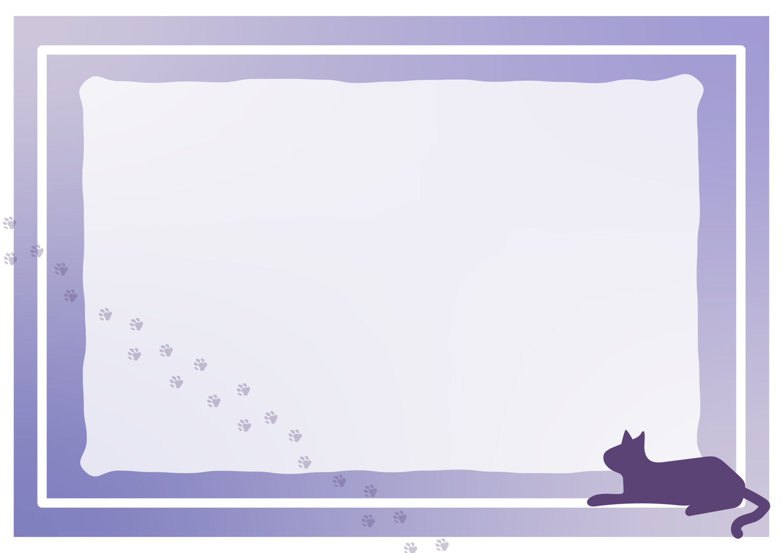綺麗な紫カラーのフレームと猫と足跡のシルエットイラストでデザインされたテンプレートになります。保護猫の譲渡会のチラシやポスター作成にいかがでしょうか。作成後印刷利用や、ホームページのお知らせやご案内に活用いただけます。ダウンロード：