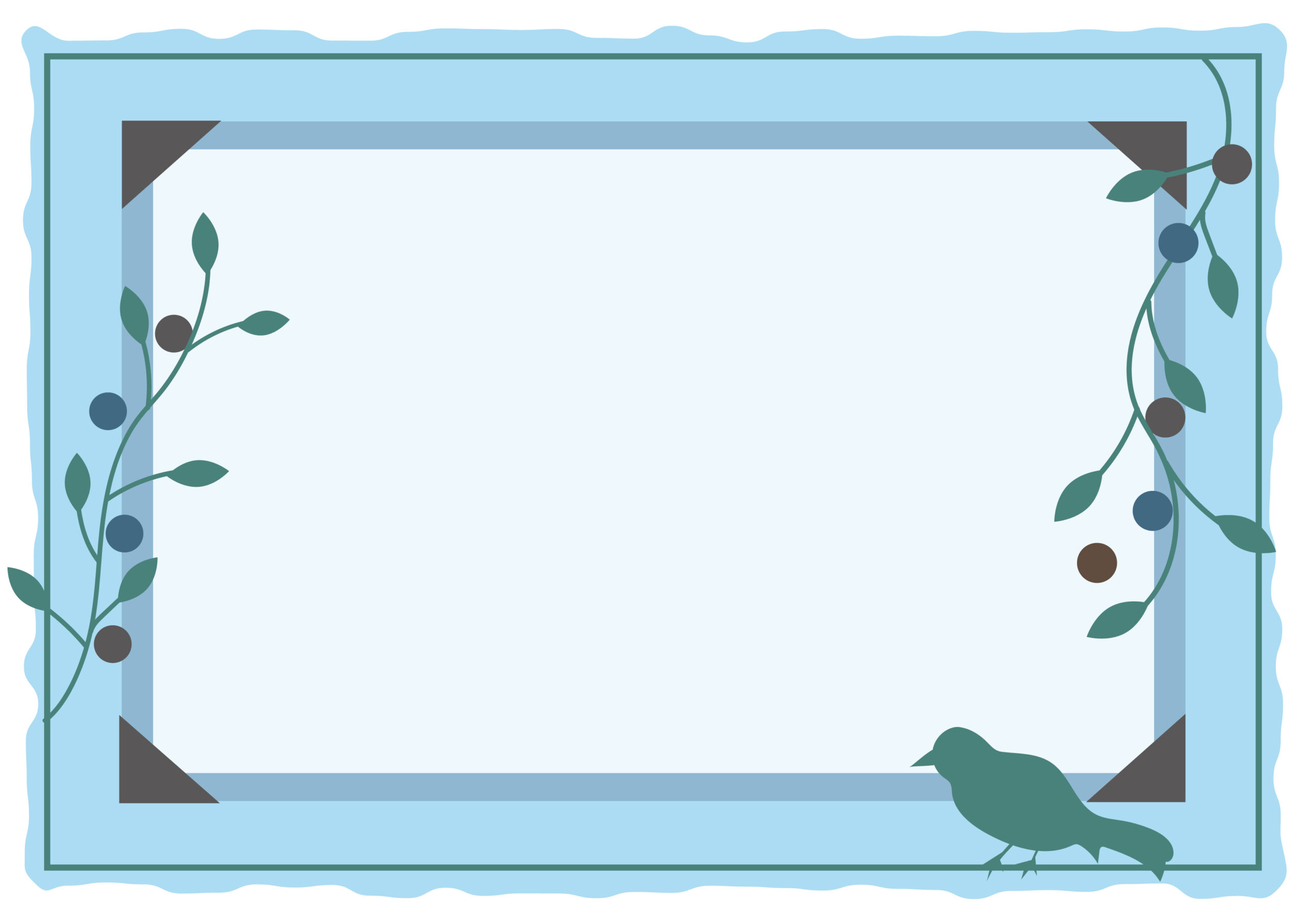 梅雨の季節のメッセージカードや臨時休業のお知らせの張り紙、季節メニューのご案内のデザインにおすすめする鳥と植物のイラストが描かれたおしゃれなフレーム素材になります。写真などを挿入し、飾り枠としてご使用いただく事も可能です。ダウンロー