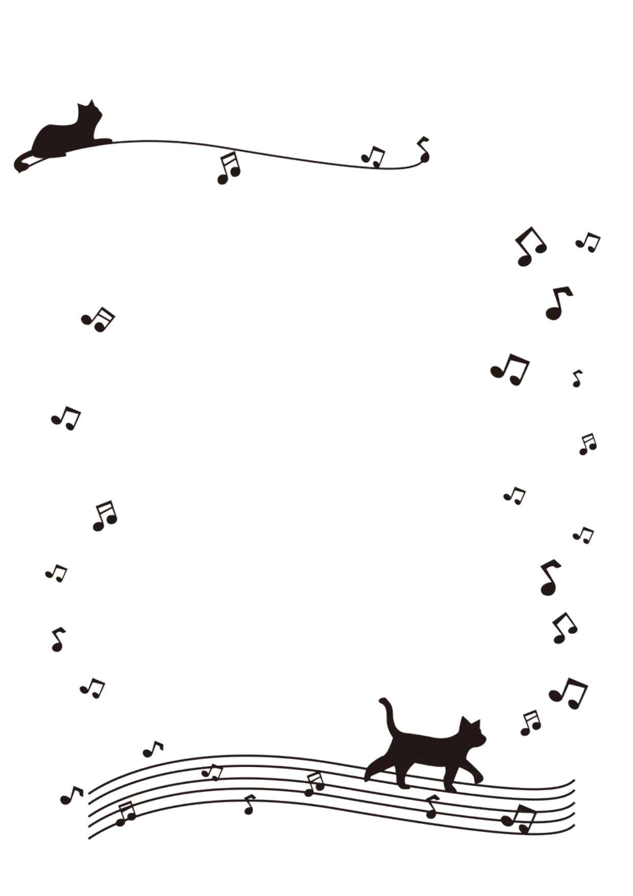 書類送付状＆FAX送付状の楽器・音楽教室（音符が踊る五線譜の上の猫）かわいいイラストフレーム・お知らせや案内に使える素材となり、ダウンロード後に利用可能です。黒猫がタイトル部分と下部に五線譜が描かれております。音楽系の発表会やお知らせに利用