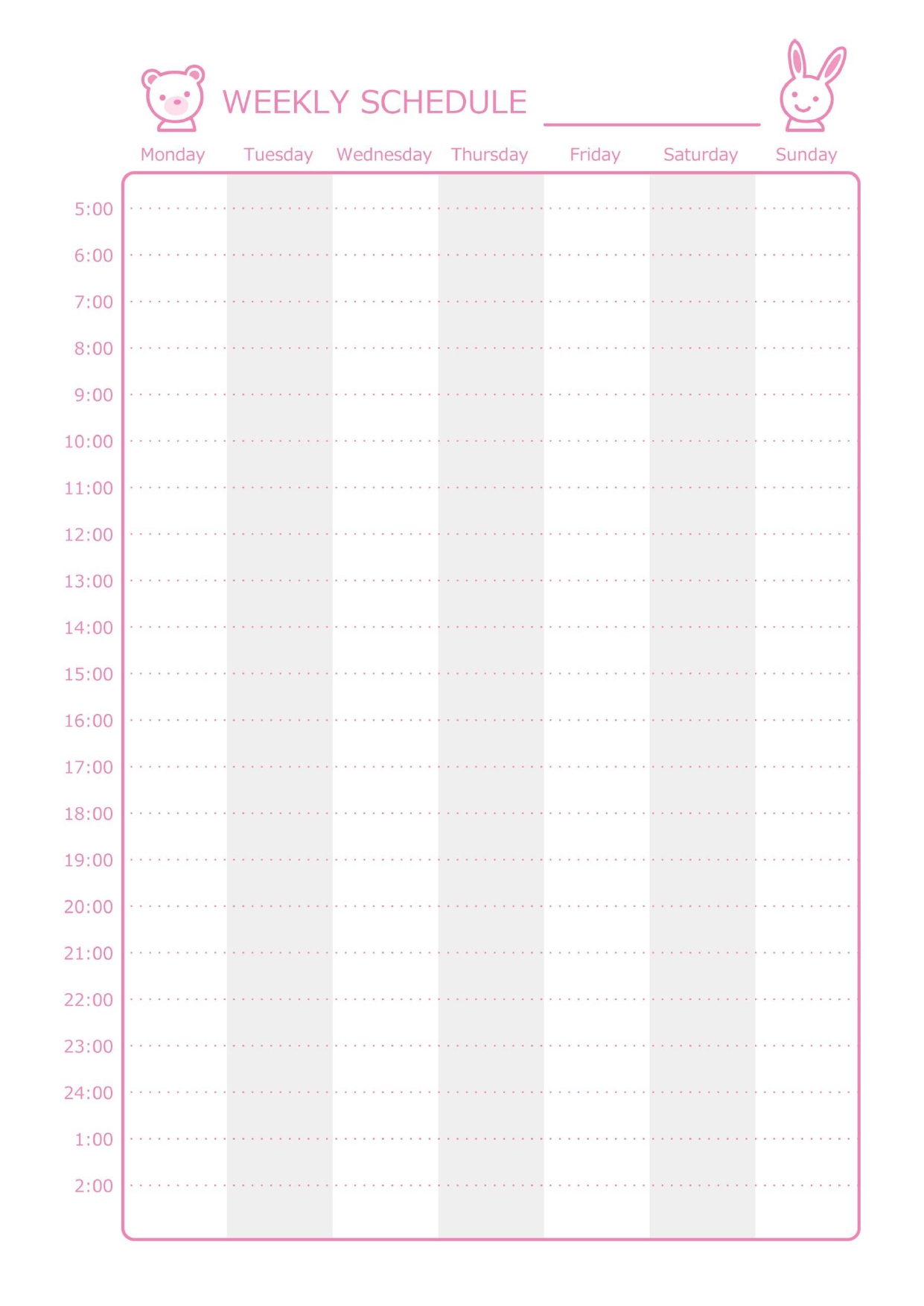 一週間分のタイムスケジュール表「Excel・Word・PDF」としてお使いいただけるテンプレートです。縦軸に時間、横軸に月曜始まりの曜日となっており、細かく時間管理がしやすいケジュール表のテンプレート！時間と曜日は固定のデザインとな
