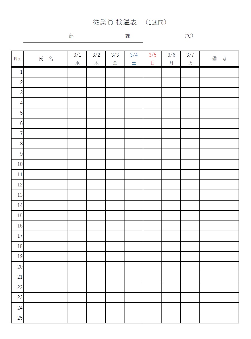 社員や従業員検温表（Excel・Word・PDF）テンプレートとなり、会社や企業で雇用しているアルバイトやパート、社員などの検温表とし利用する事が出来ます。シン