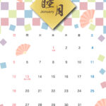 令和七年(2025年)月間カレンダーのテンプレート・1月(睦月)のデザインは市松文様と扇子のイラスト。明るい配色でお正月らしさを演出しています。年始の営業カレン