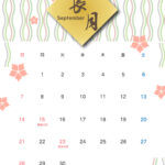 2025年9月の月間カレンダー。日本の伝統模様「立涌文様」を綺麗な色で描き、ポイントで桔梗の花を散らした和風デザイン。アートの様なおしゃれな壁紙カレンダーとして
