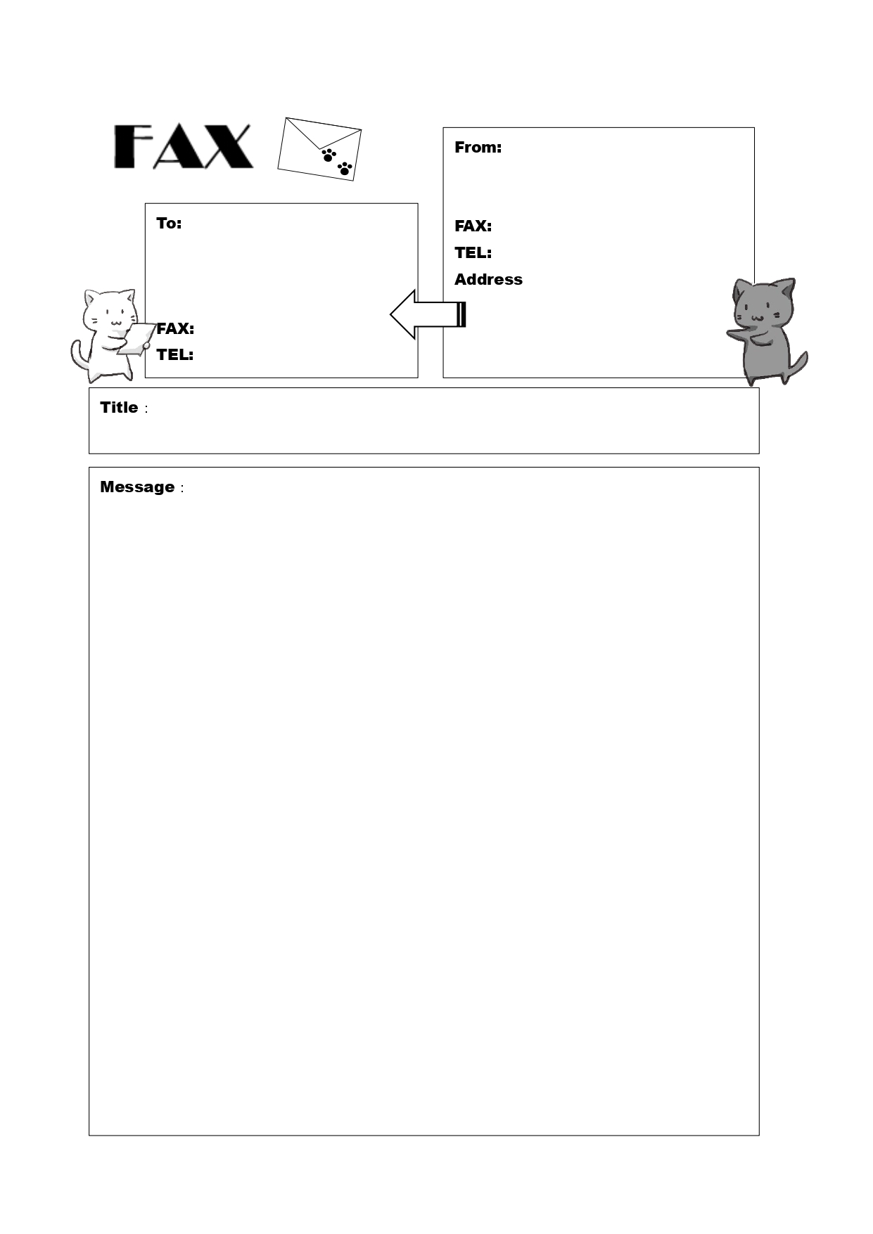 かわいい猫とFAX送付状「Excel・Word・PDF」手書き＆直接記入可能なテンプレートとなります。ビジネスで取引先に書類をFAXで送る場合などに利用出来る送