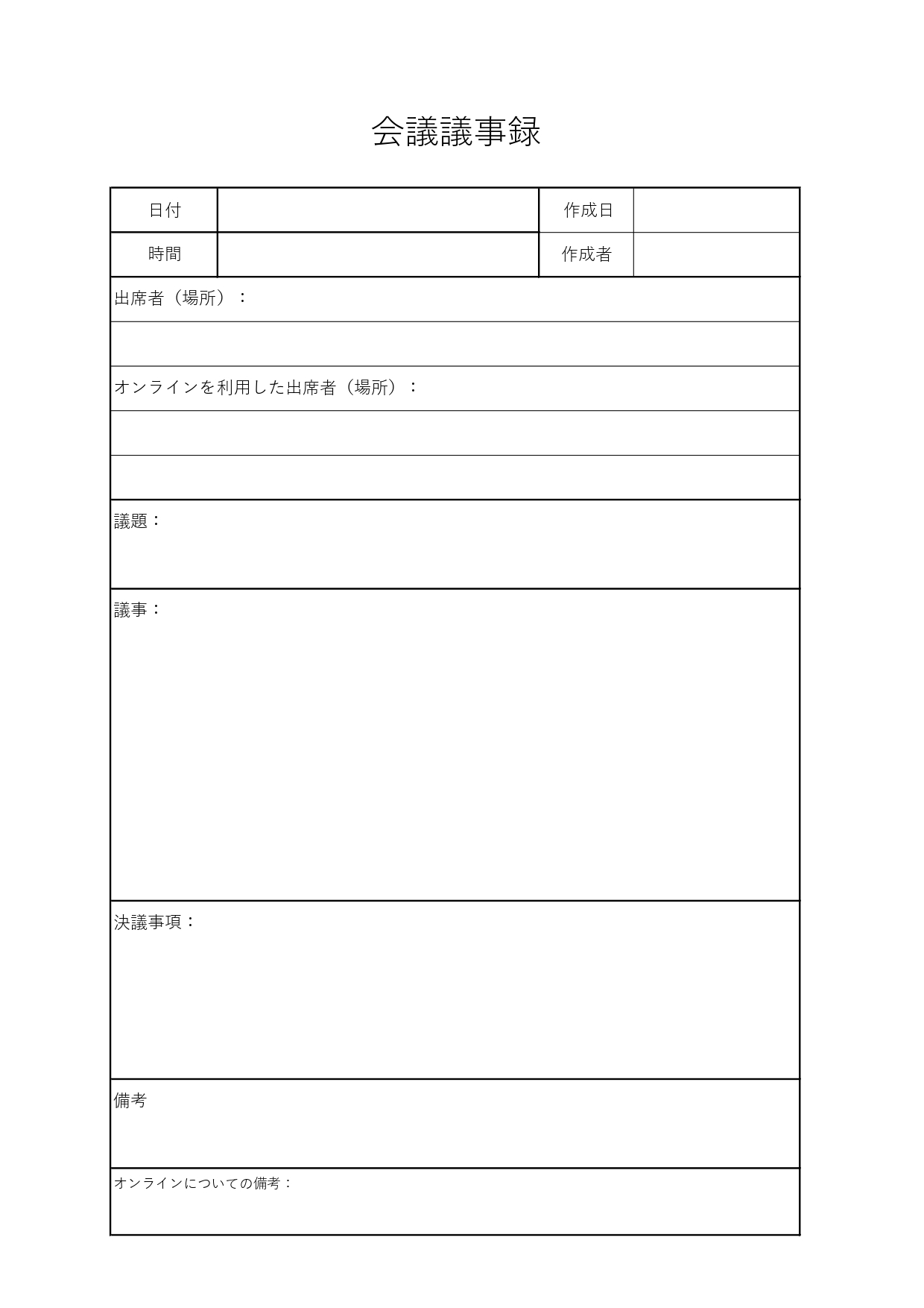オンライン会議に対応の会議議事録のテンプレートとなり、表タイプで見やすく入力簡単なテンプレートです。リアルで参加された方、オンラインで参加された方を明確にできま