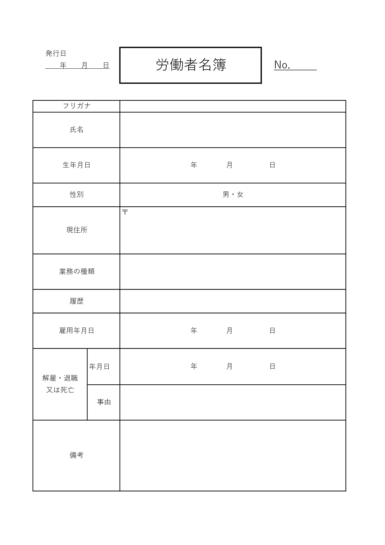 必須項目のシンプルな労働者名簿「A4・Excel・Word・PDF」従業員・労働者のテンプレートとなります。基本的な必要項目を揃えた労働者名簿となります。作成や
