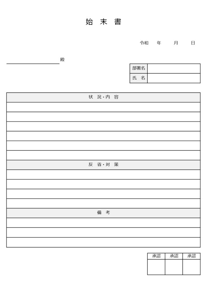 社内向け・文章形式の始末書のテ