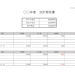A4･横書きの会計報告書のテンプレート／合計表記が最上部にあり一目でわかりやすいフォーマット！ 横書きの会計報告書です。上部に結果が大きく表示されるタイプで、収