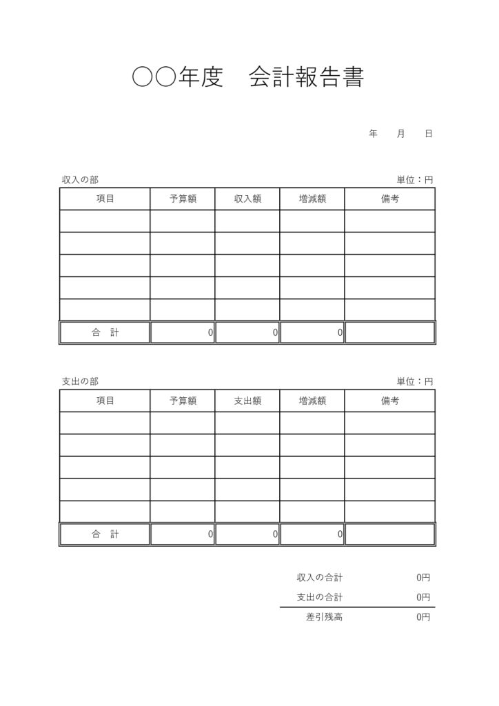 収入、支出、差引残高のシンプル